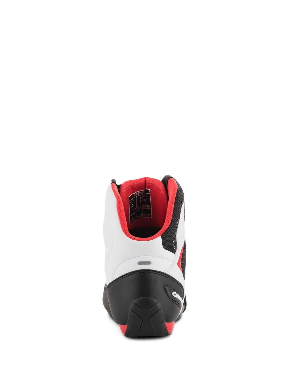 Scarpe Alpinestars Faster-3 Rideknit®, scarpe da moto, nero, bianco e rosso, vista posteriore con contrafforte del tallone in TPR e fodera interna in rete rossa, design sportivo con telaio in microfibra