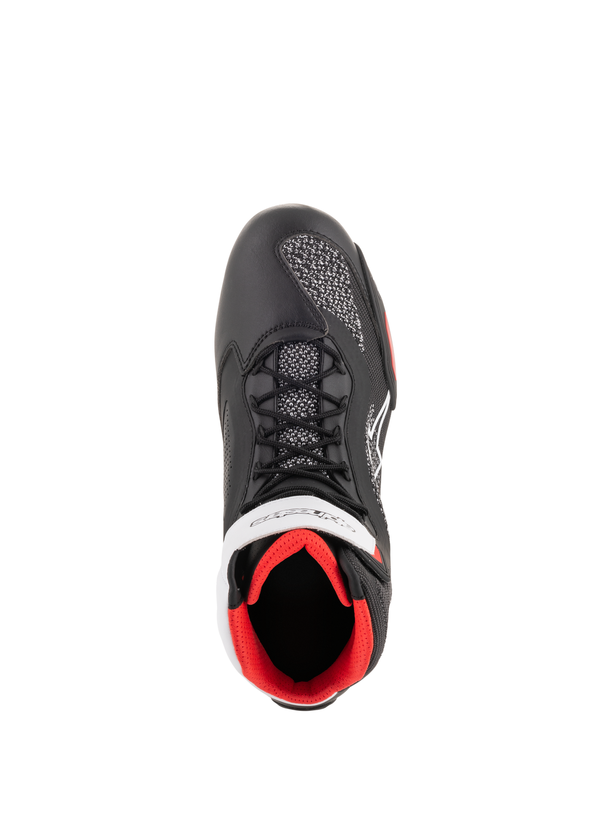 Alpinestars Faster-3 Rideknit® Shoes, scarpe da moto, nero, bianco e rosso, vista dall'alto con struttura in microfibra nera, pannelli in maglia traspirante, logo Alpinestars bianco e fodera interna rosso acceso