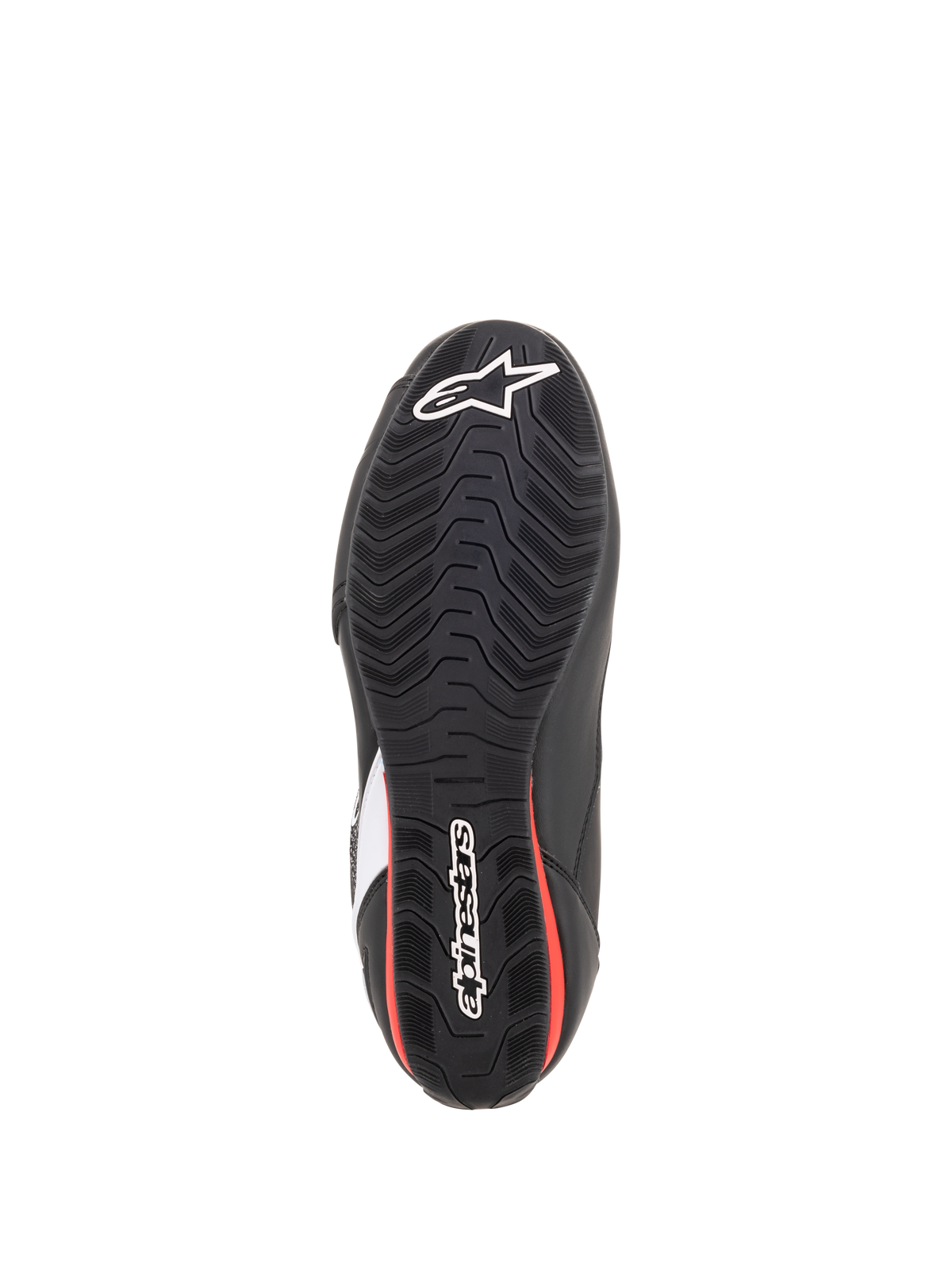 Scarpe Alpinestars Faster-3 Rideknit®, vista della suola, nero e rosso, suola in gomma testurizzata con logo a stella e marchio Alpinestars bianchi, calzature da moto stradali