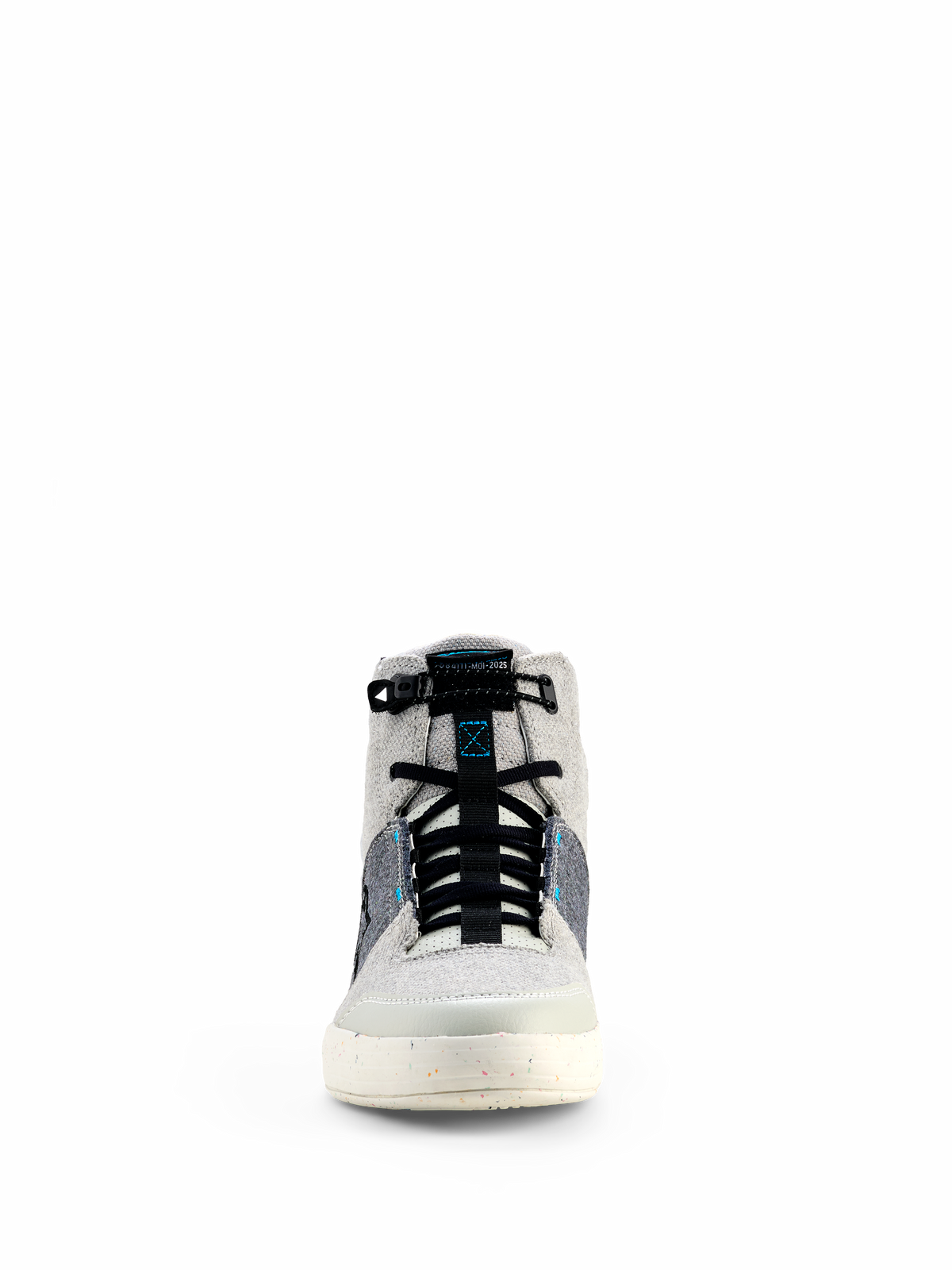 Alpinestars Circal Riding Shoes, grigio, nero e blu metile, vista frontale di calzatura urbana da moto con design high-top, pannelli in tela, lacci elastici neri e suola bianco sporco puntinata
