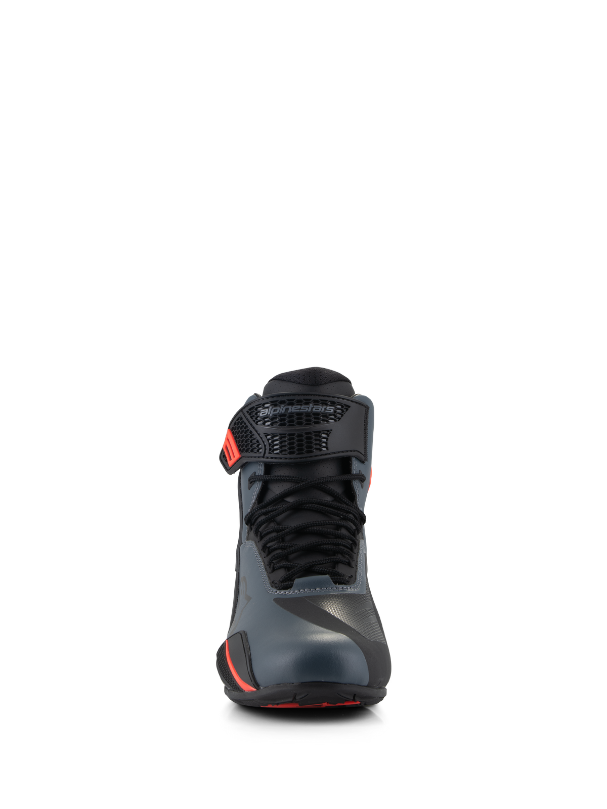 Scarpe Alpinestars Faster-4, scarpe da moto, nero grigio e rosso fluo, vista frontale con tomaia in microfibra senza cuciture, lacci tradizionali e cinturino regolabile sulla caviglia con logo Alpinestars