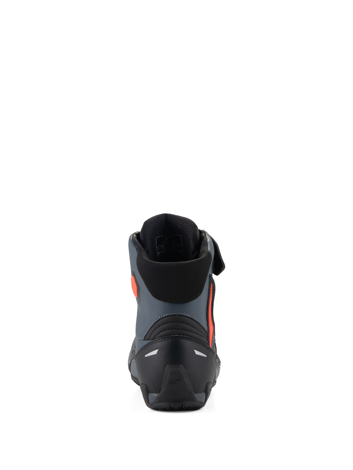 Alpinestars Faster-4 Shoes, scarpe da moto, nero, grigio e rosso fluo, vista posteriore con contrafforte del tallone rinforzato, supporto per la caviglia e design sportivo ed elegante