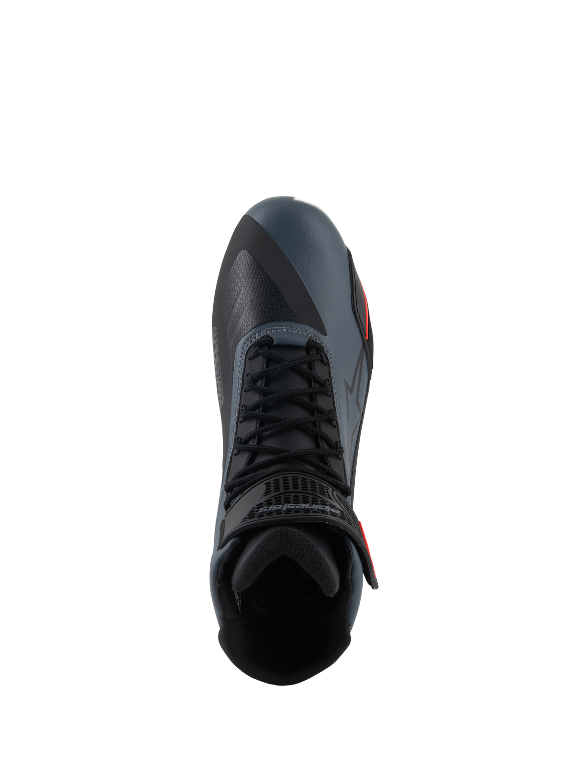 Alpinestars Faster-4 Shoes, scarpe da moto, nero grigio e rosso fluo, vista dall'alto che evidenzia la chiusura con lacci e il cinturino alla caviglia, tomaia in microfibra tecnica con pannelli senza cuciture, design sportivo per la guida su strada ad alte prestazioni.