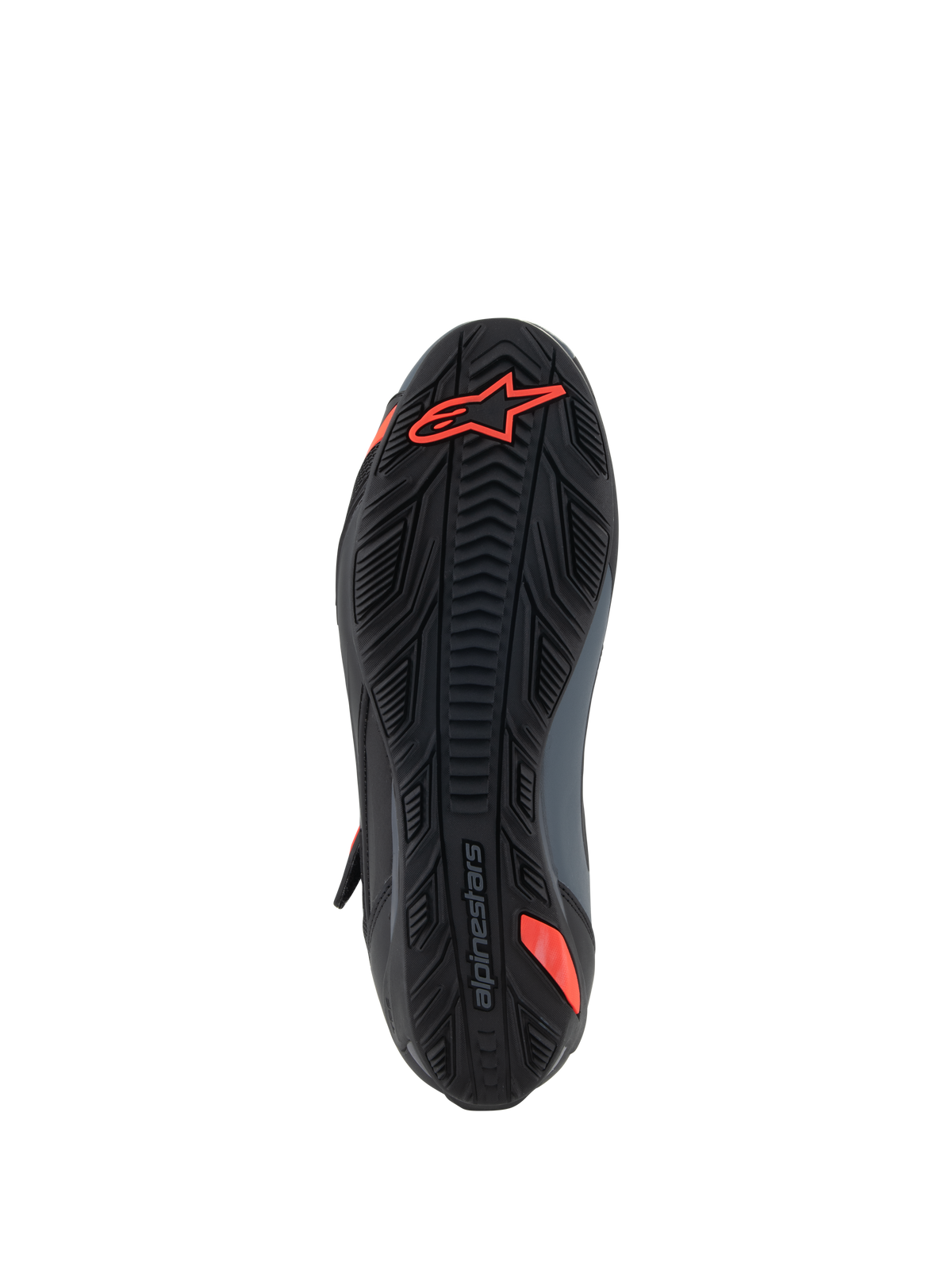 Scarpe Alpinestars Faster-4, scarpe da moto, nero e rosso fluo, vista dal basso che mostra la suola in gomma testurizzata con logo Astars rosso e marchio in rilievo, progettata per aderenza e durata.