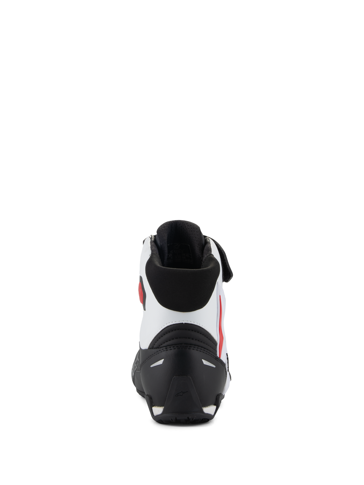 Scarpe Alpinestars Faster-4, vista posteriore, nero, bianco e rosso, con contrafforte al tallone in TPR nero, tomaia in microfibra bianca con accenti rossi e colletto imbottito nero, calzature tecniche da moto