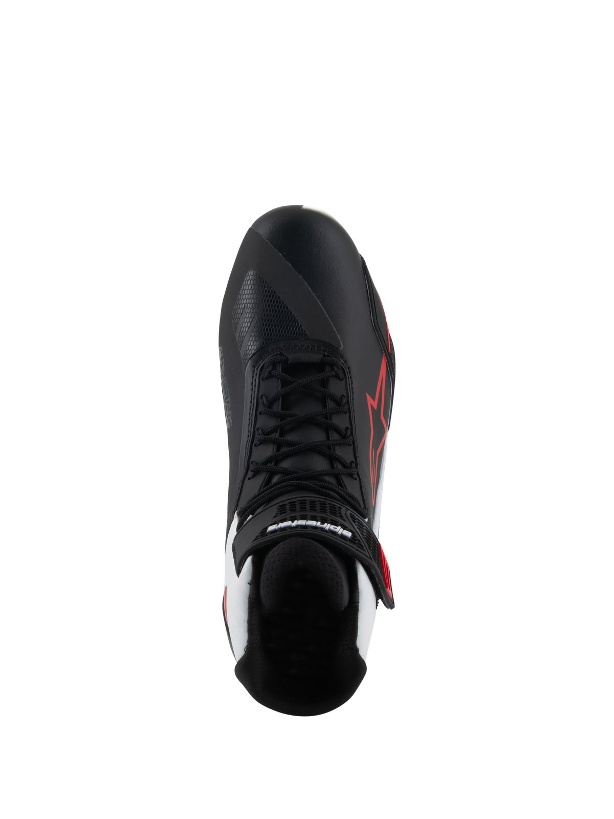 Scarpe Alpinestars Faster-4, scarpe da moto, nero bianco rosso, vista dall'alto con lacci neri e cinturino in velcro sulla caviglia, logo a stella Alpinestars rosso sul lato laterale, accenti bianchi sul tallone, design della punta asimmetrico per il cambio