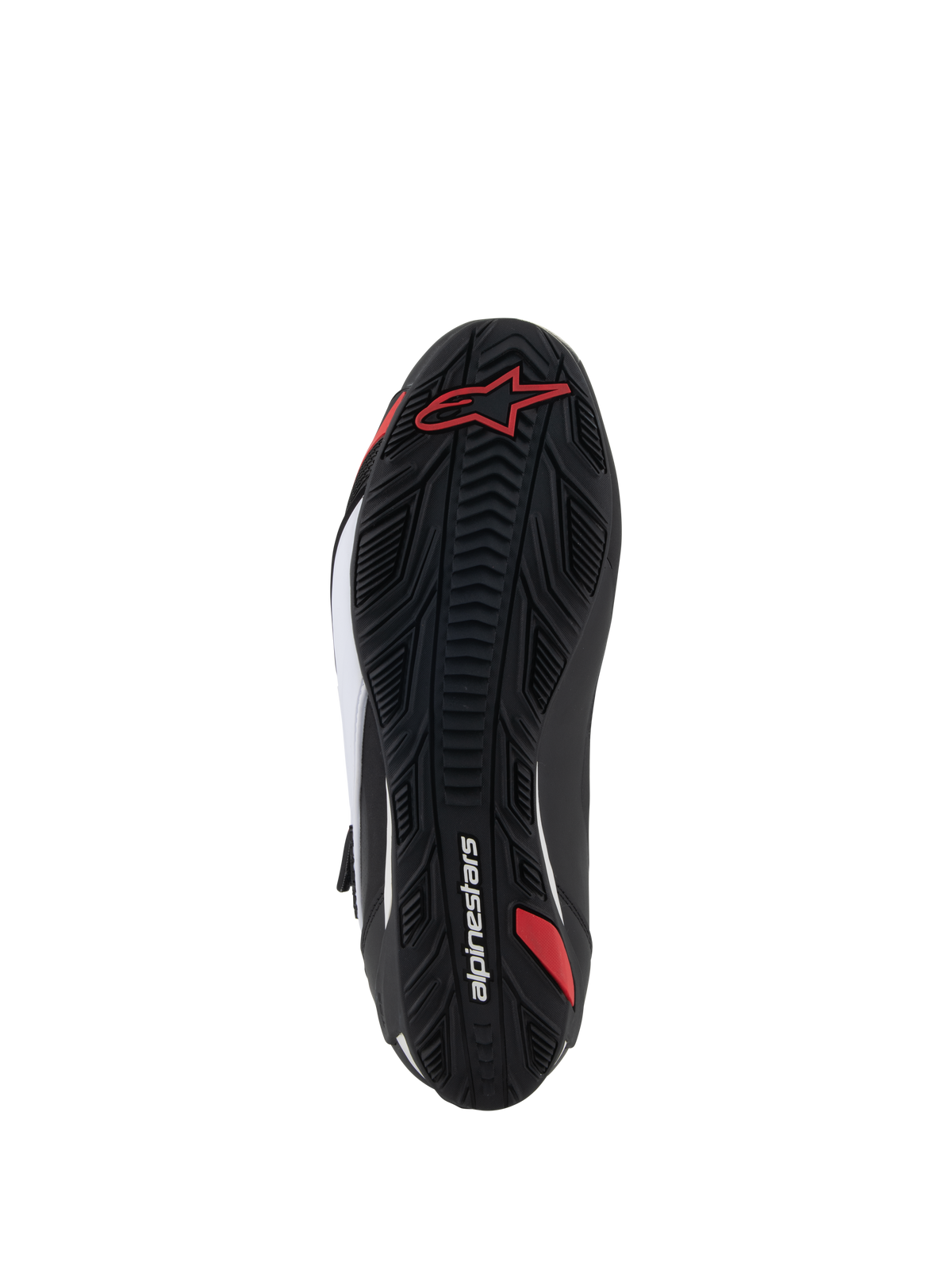 Scarpe Alpinestars Faster-4, scarpe da moto, vista della suola, gomma nera con motivo grip testurizzato, logo Alpinestars rosso e branding bianco, progettate per la guida su strada e sportiva