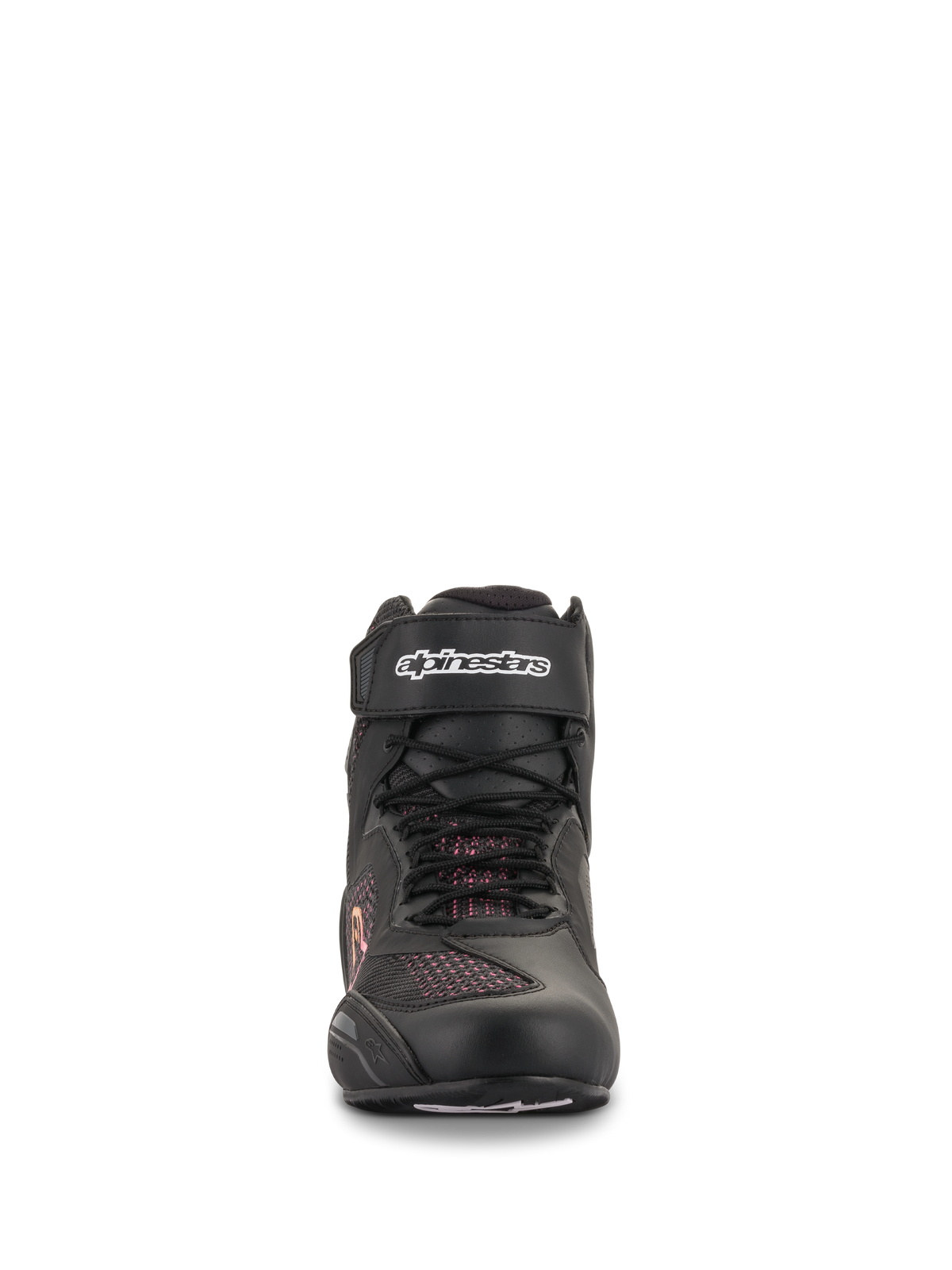 Scarpe Alpinestars Stella Faster-3 Rideknit® da donna, nero, giallo e rosa, vista frontale con costruzione in maglia senza cuciture, lacci e cinturino in velcro sulla caviglia con logo Alpinestars bianco, calzature da moto leggere