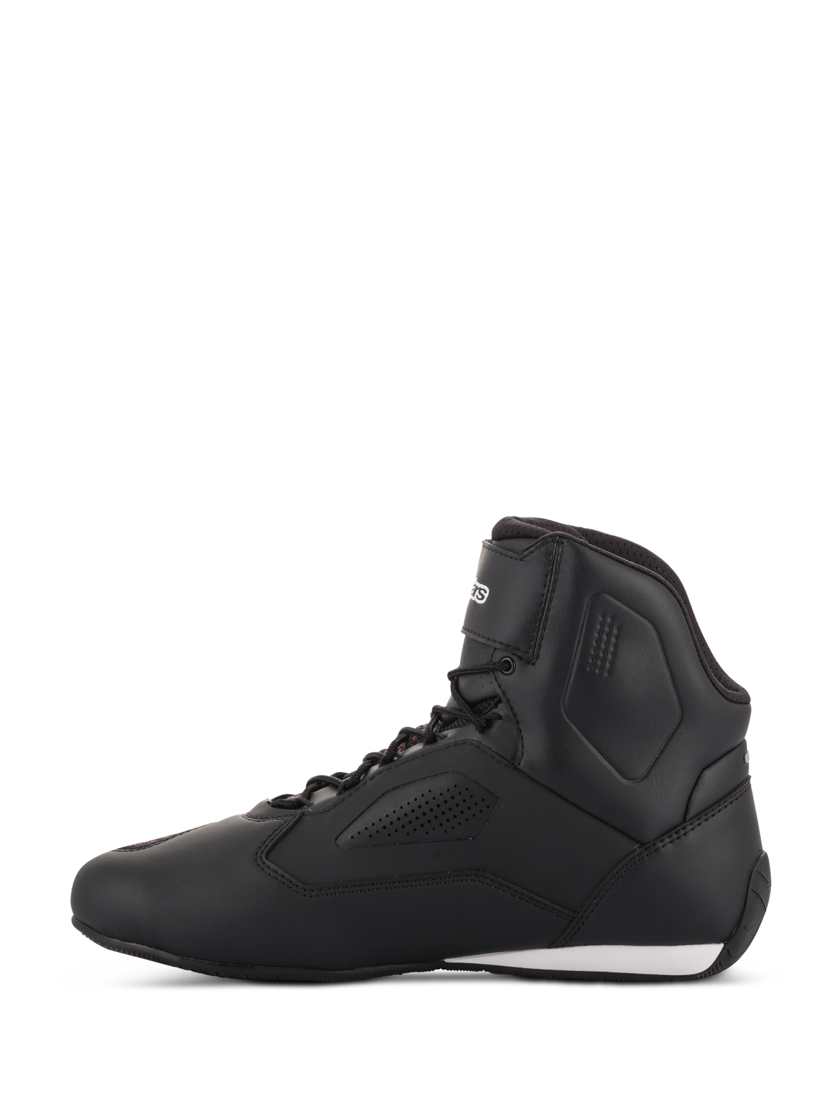 Alpinestars Stella Faster-3 Rideknit® da donna, scarpe da moto in Nero Giallo Rosa, profilo laterale, caratterizzate da un elegante design high-top con pannelli traforati e un dettaglio bianco sul tallone.
