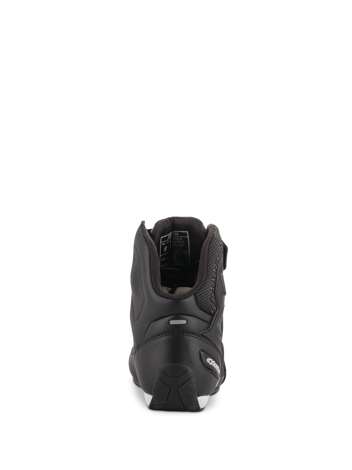 Scarpe Alpinestars Stella Faster-3 Rideknit® da donna, nero con dettagli rosa, vista posteriore che mostra la protezione del tallone e la striscia riflettente, calzatura tecnica da moto alta in materiale a maglia traspirante