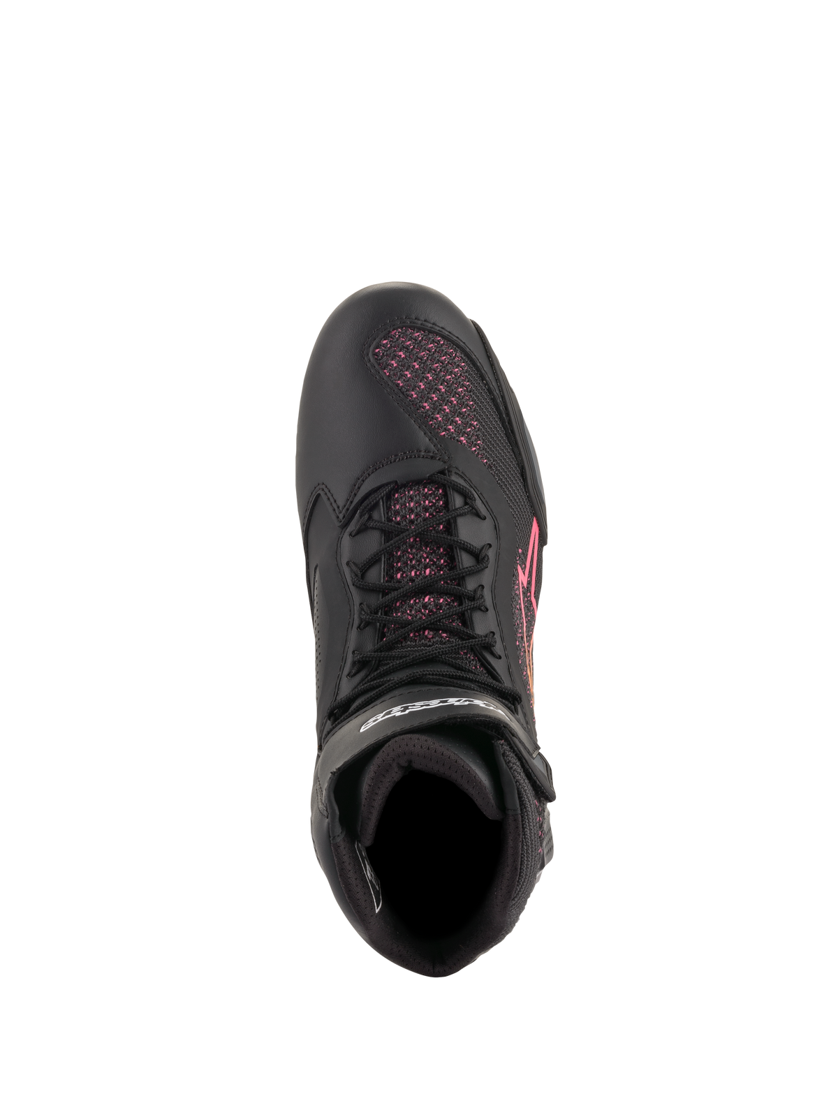 Scarpe Alpinestars Stella Faster-3 Rideknit® da donna, scarpe da moto, nero, giallo e rosa, vista dall'alto con lacci neri e pannelli in maglia mesh rosa, calzatura sportiva leggera e traspirante