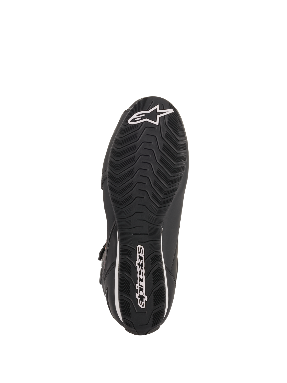 Scarpe Alpinestars Stella Faster-3 Rideknit® da donna, Nero Giallo Rosa, vista della suola in gomma nera con battistrada a trama ondulata, logo e scritta Alpinestars bianchi, design resistente per la guida su strada in moto