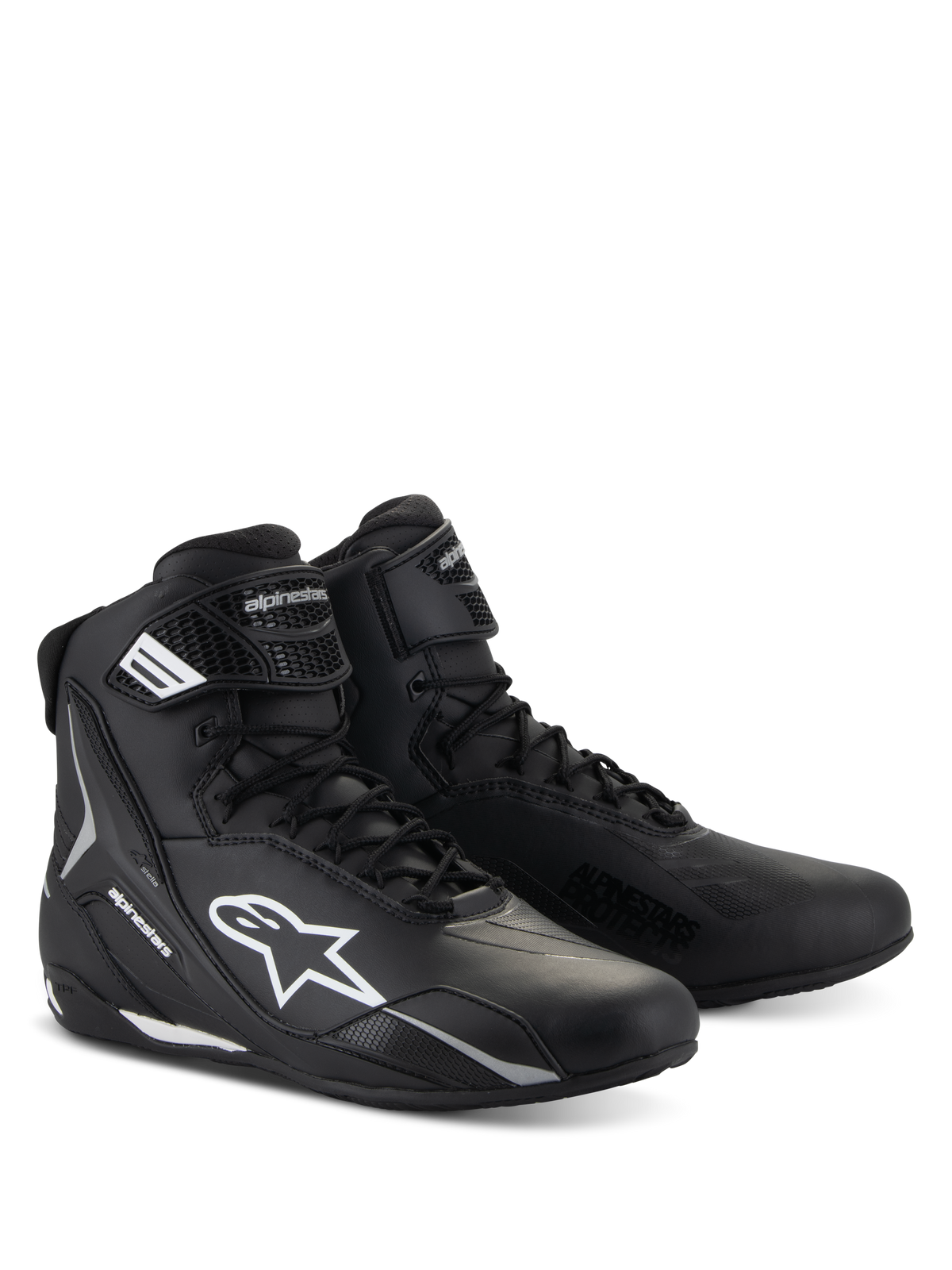 Scarpe Alpinestars Stella Faster-4, scarpe da moto da donna, nero con dettagli bianchi, design sportivo a profilo alto con chiusura a lacci e cinturino a strappo sulla caviglia, costruzione in microfibra resistente con loghi protettivi laterali