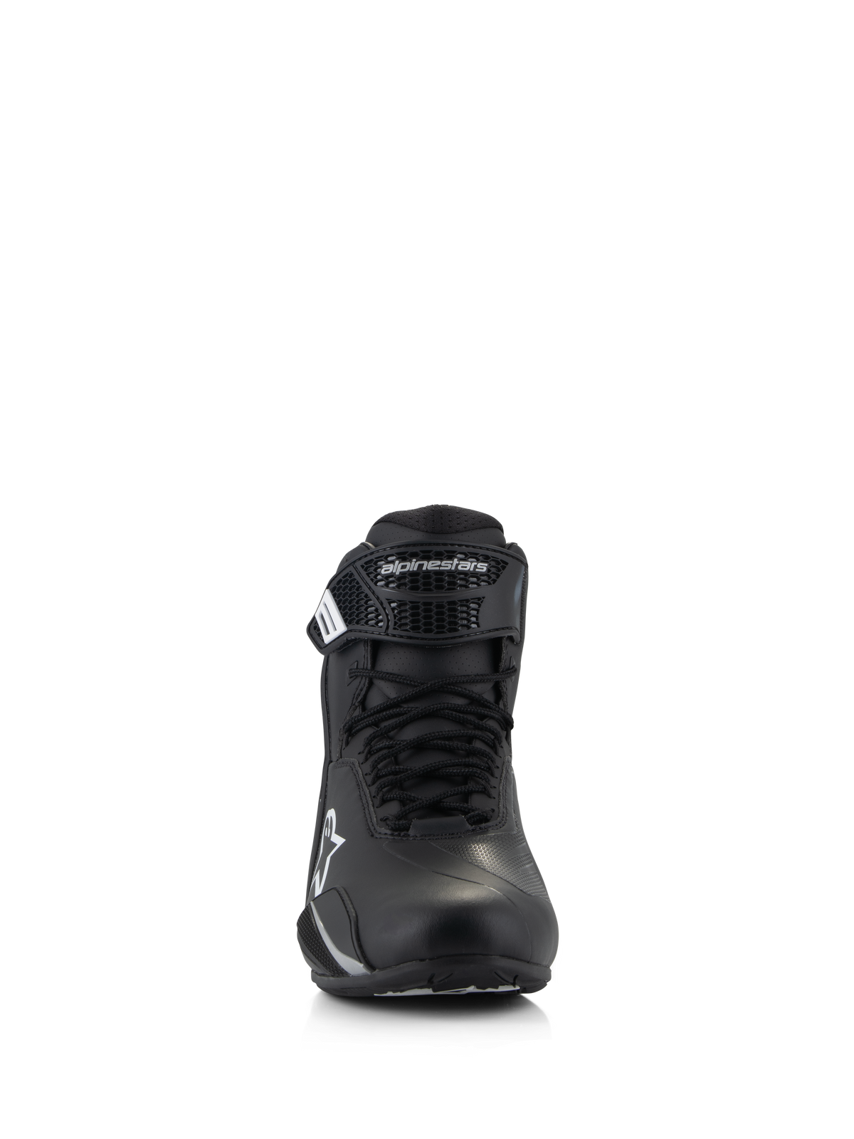 Scarpe Alpinestars Stella Faster-4, scarpe da moto da donna, nero, vista frontale, con chiusura a lacci e cinturino a strappo regolabile con logo Alpinestars, calzature tecniche per la guida su strada con costruzione in microfibra leggera