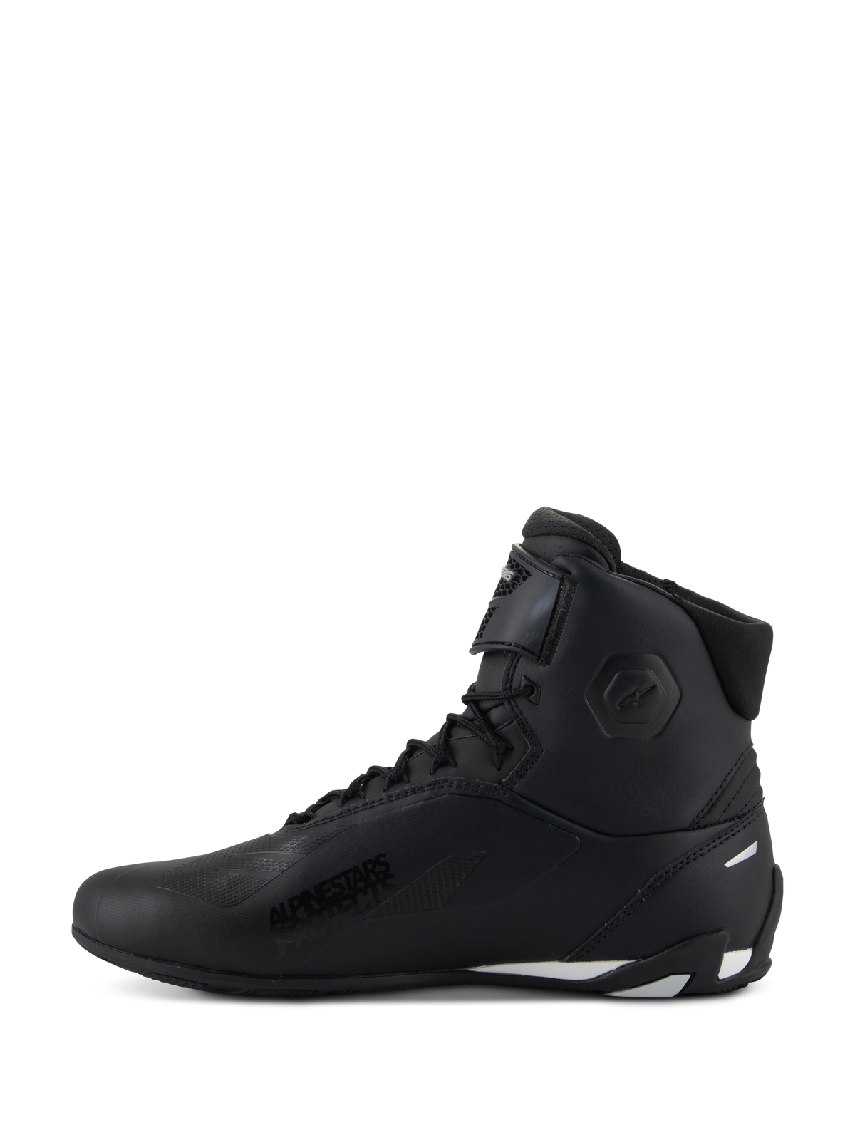 Scarpe Alpinestars Stella Faster-4, scarpe da moto da donna, nero con dettagli bianchi, vista laterale, design a profilo alto con chiusura a lacci e cinturino regolabile sulla caviglia, calzature protettive da moto