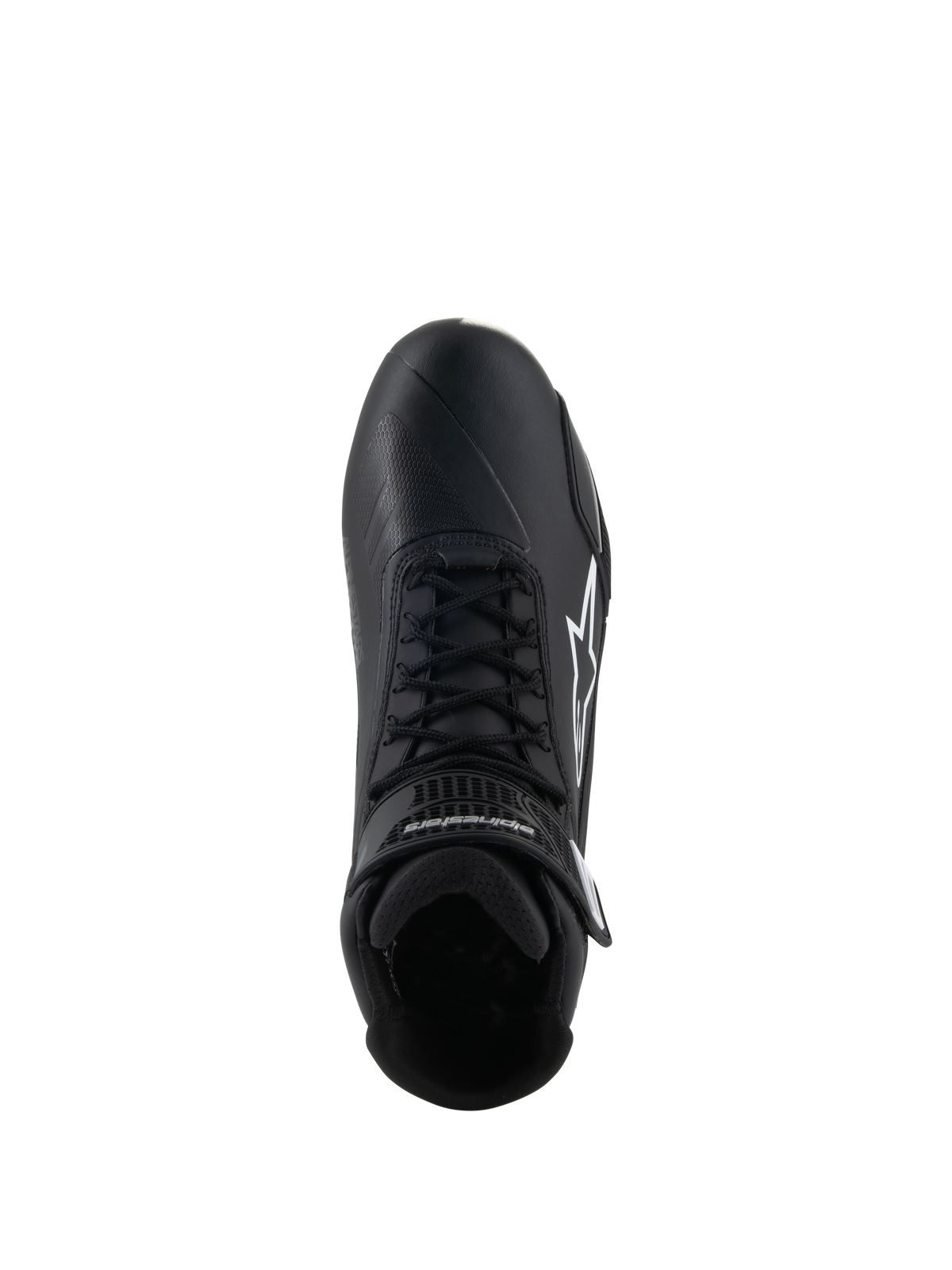 Scarpe Alpinestars Stella Faster-4, scarpe da moto da donna, nero, vista dall'alto, con lacci neri, logo stella Alpinestars bianco e cinturino regolabile alla caviglia, design elegante in microfibra per guida su strada e sportiva