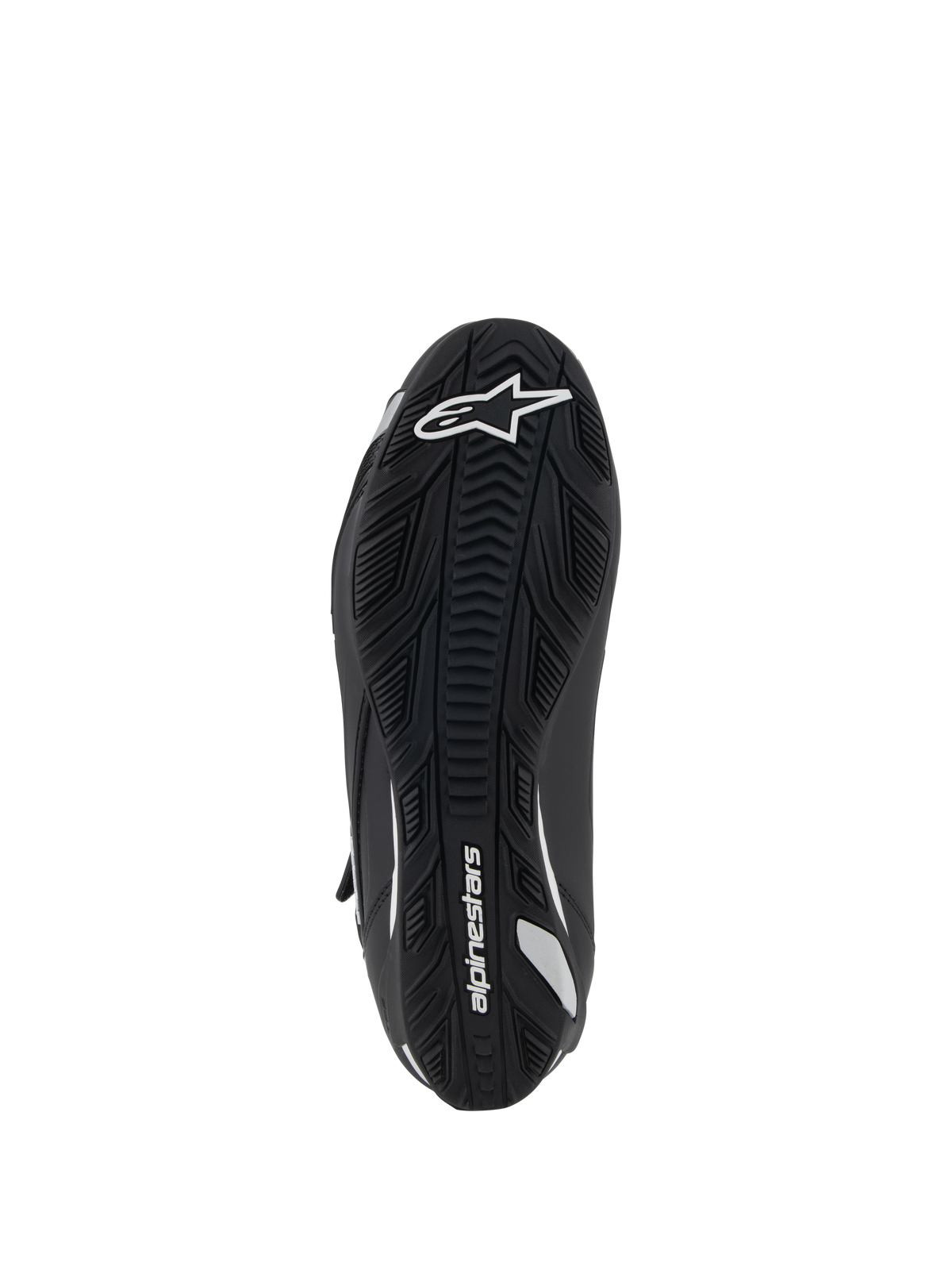 Scarpe da moto da donna Alpinestars Stella Faster-4, vista della suola, suola in gomma nera con grip testurizzato, logo e marchio Alpinestars bianchi, design ergonomico per trazione e supporto