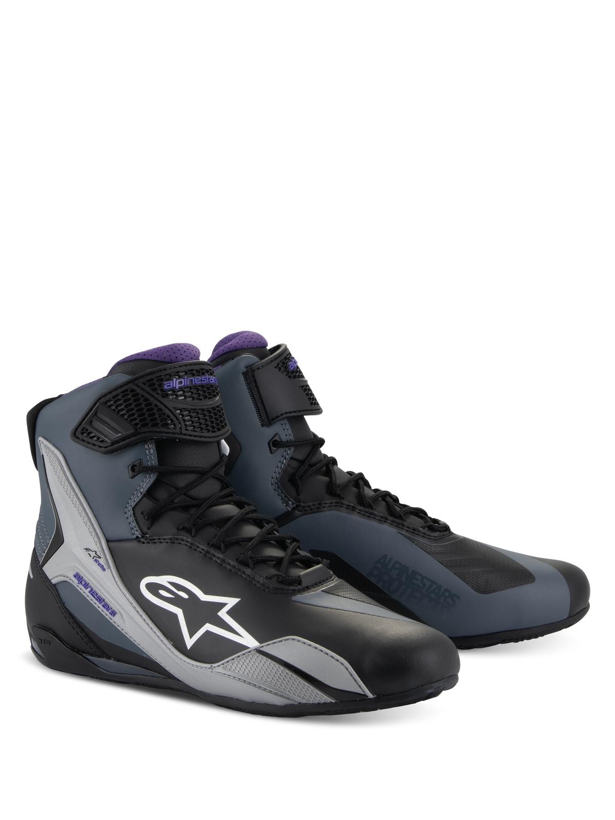 Alpinestars Stella Faster-4, scarpe da moto da donna, nero, grigio e viola, design tecnico a profilo alto con lacci.