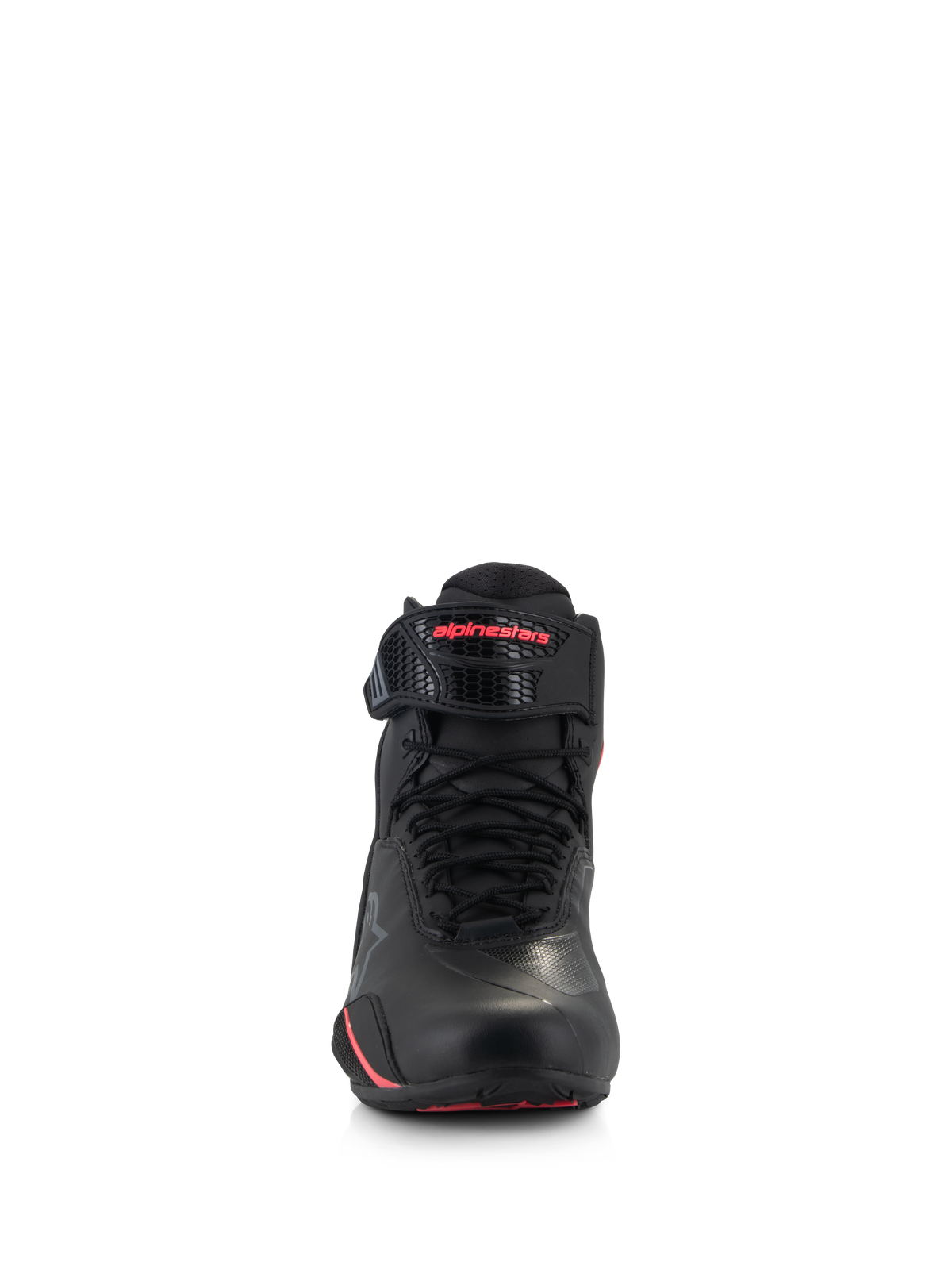 Alpinestars Stella Faster-4, scarpe da moto da donna, nero e rosa diva, vista frontale con lacci neri, cinturino regolabile alla caviglia con logo rosa e struttura in microfibra