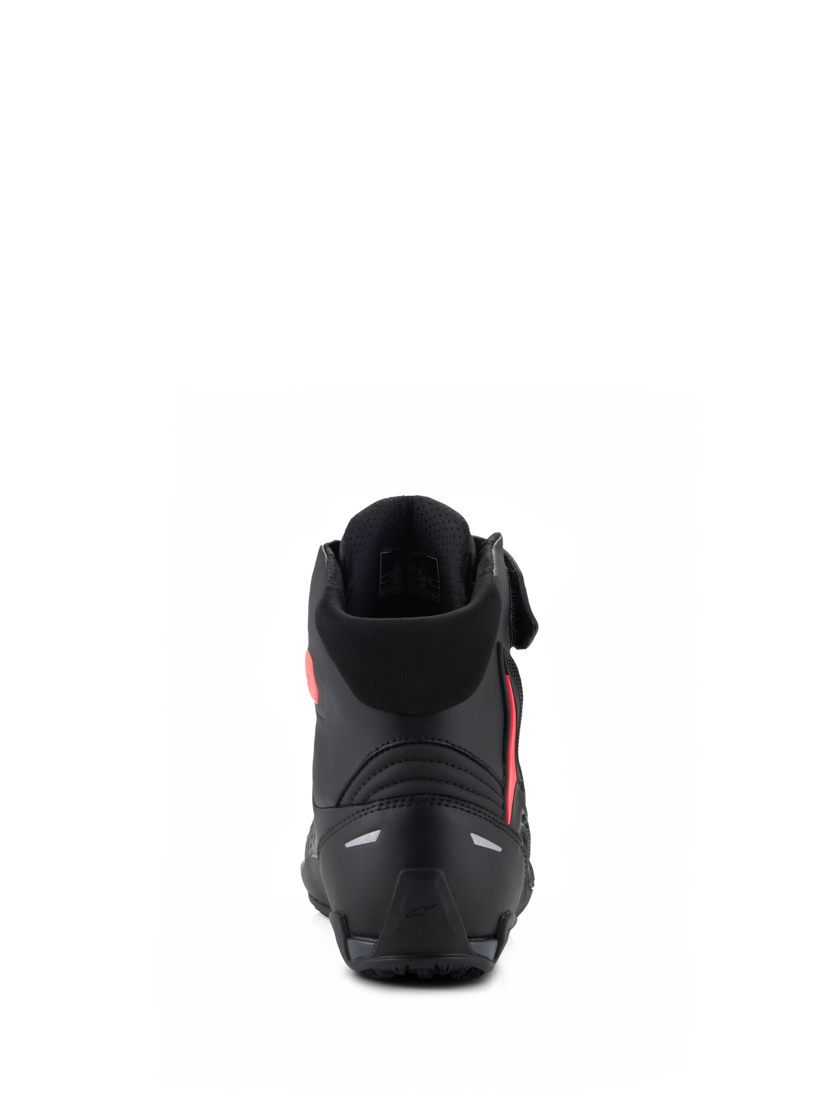 Scarpe da donna Alpinestars Stella Faster-4, nero e rosa Diva Pink, vista posteriore che mostra il contrafforte del tallone rinforzato, il colletto in morbido tessuto e il design ergonomico per la guida motociclistica sportiva.