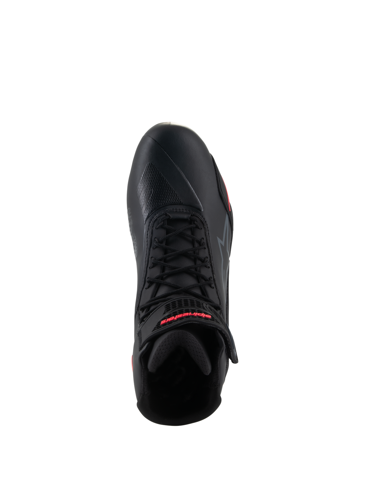 Alpinestars Stella Faster-4 Shoes da donna, nero e rosa Diva Pink, vista dall'alto di una singola scarpa da moto, con lacci neri, cinturino alla caviglia con marchio rosso e tomaia in microfibra