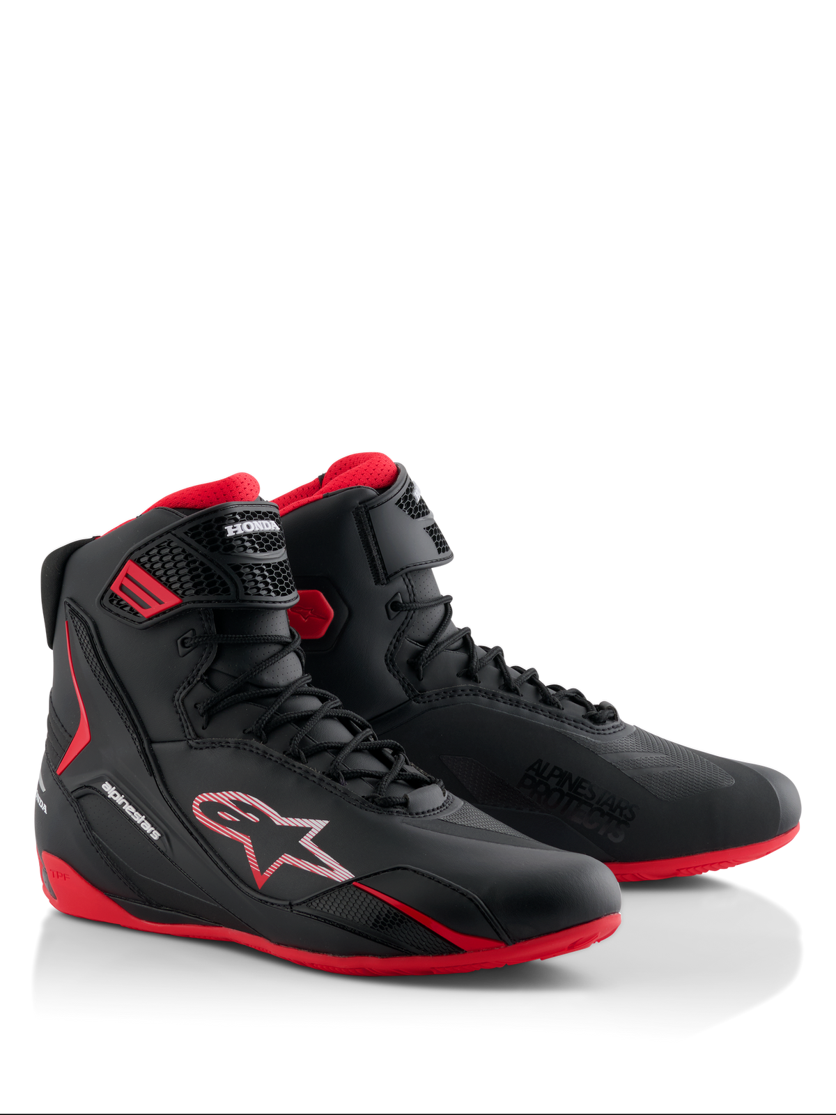 Alpinestars Honda Faster-4, scarpe da moto, nero e rosso, design high-top slanciato con chiusura stringata e cinturino alla caviglia, con suole rosse e loghi Alpinestars e Honda
