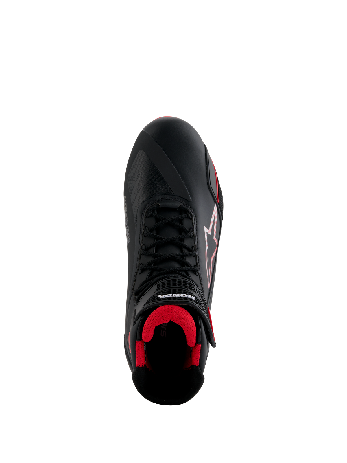 Scarpe Alpinestars Honda Faster-4, scarpe da moto, nero e rosso, vista dall'alto con tomaia in microfibra nera, interno in mesh rosso, lacci neri tradizionali e loghi Alpinestars e Honda