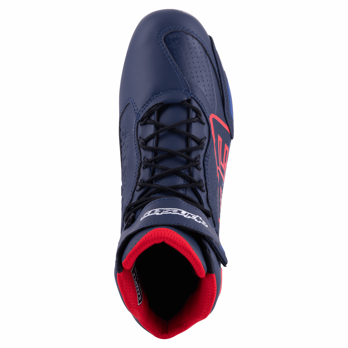 Alpinestars Austin Riding Shoe, Night Navy e Bright Red, vista dall'alto che mostra lacci neri, fodera interna in mesh rossa e struttura in microfibra blu navy con accenti del logo rossi