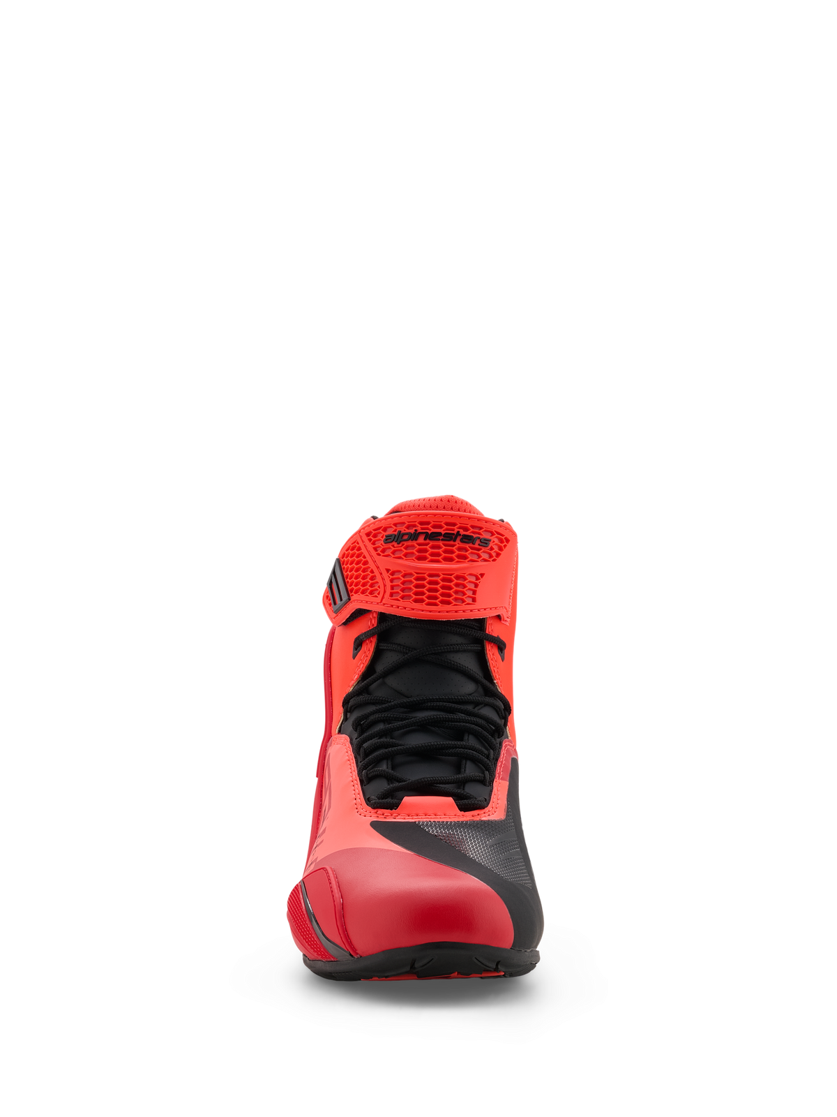 Scarpe Alpinestars MM93 Faster-4, scarpe da moto, Rosso Fluo e Bright Red con dettagli neri, vista frontale con lacci neri, cinturino regolabile in TPR rosso con logo Alpinestars e struttura in microfibra leggera.