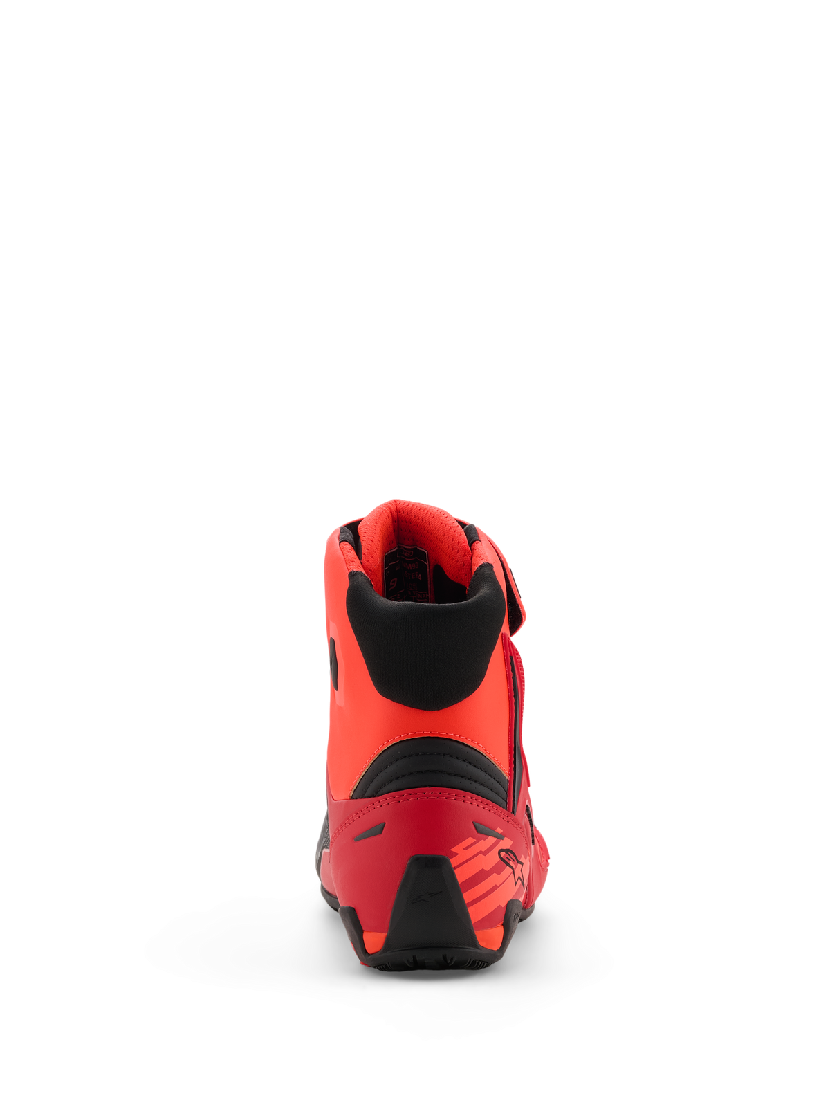 Scarpe Alpinestars MM93 Faster-4, scarpe da moto, Rosso Fluo Rosso Brillante e Nero, vista posteriore che mostra il contrafforte del tallone in TPR e il colletto in tessuto nero, design ergonomico con dettagli ispirati alle corse