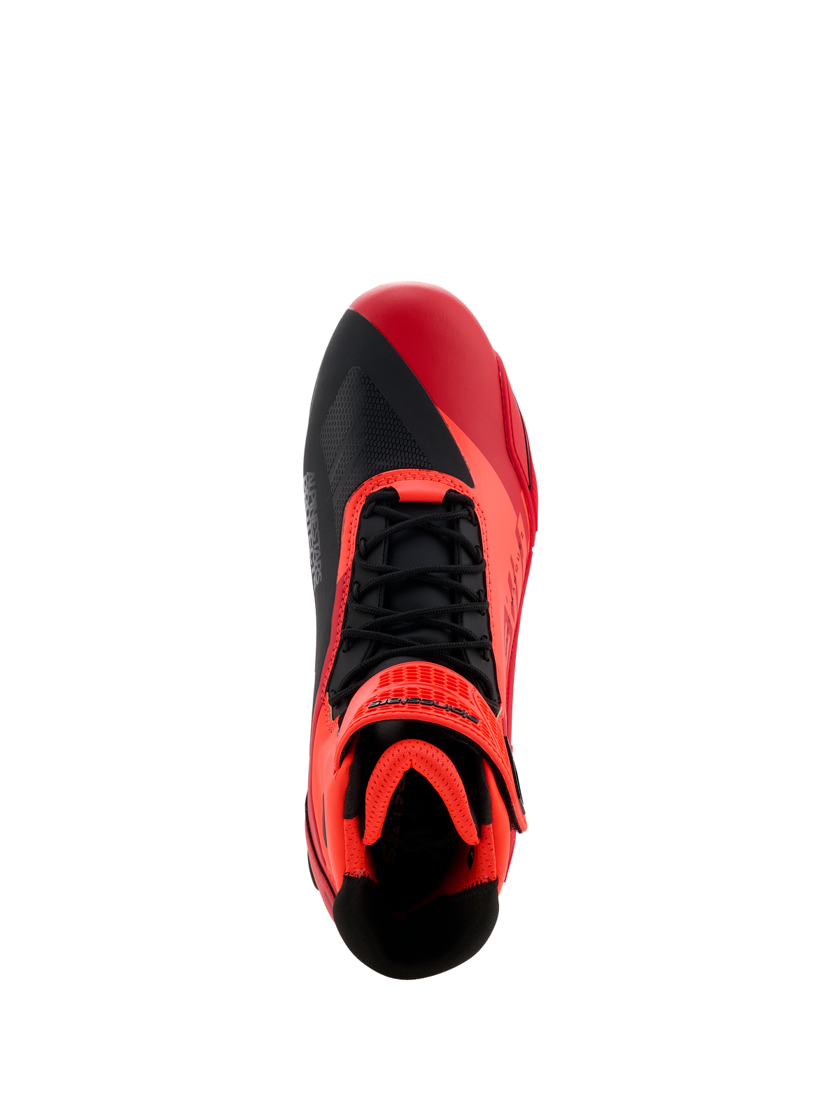 Alpinestars MM93 Faster-4 Shoes, scarpe da moto, rosso fluo, rosso brillante e nero, vista dall'alto con lacci neri e cinturino a strappo rosso, design asimmetrico della punta e interno imbottito per la guida sportiva.
