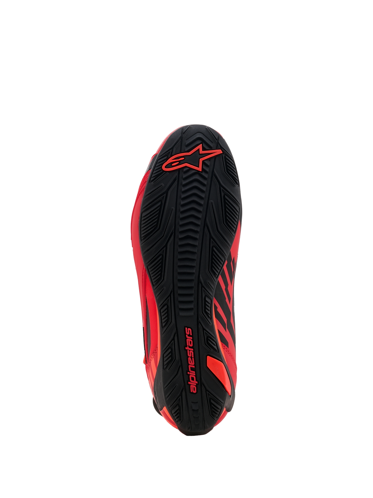 Scarpe Alpinestars MM93 Faster-4, scarpe da moto, rosso fluo, rosso brillante e nero, vista della suola con motivo dell'aderenza in gomma testurizzata, logo Alpinestars rosso su tallone e avampiede, design di calzature sportive e da corsa ad alte prestazioni