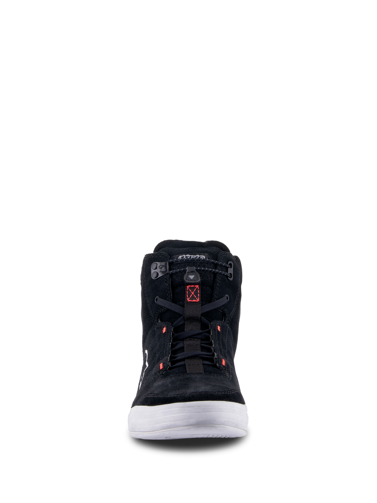 Alpinestars Chrome Shoes, Nero Cool Gray Rosso Fluo, vista frontale di scarpa da moto urbana con costruzione in camoscio diviso, suola bianca e chiusura elastica con accenti rossi