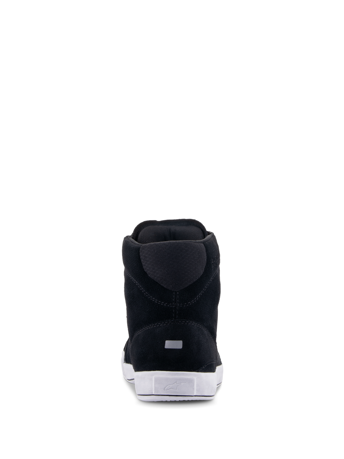 Alpinestars Chrome Shoes, scarpe da moto urbane, nero e bianco, vista posteriore che mostra la costruzione in pelle scamosciata, suola in gomma bianca con logo sul tallone e piccolo dettaglio rettangolare riflettente.