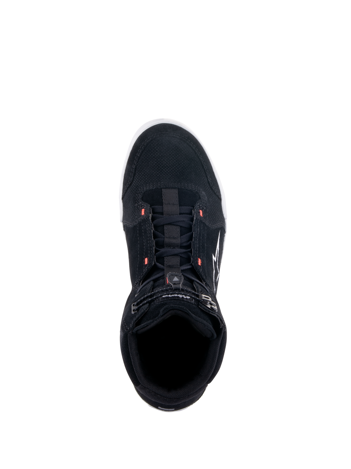 Scarpe Alpinestars Chrome, scarpe da moto nere, vista dall'alto che mostra la tomaia in camoscio spaccato con accenti rosso fluo, stile casual urbano con chiusura superiore elasticizzata e logo bianco sul lato.