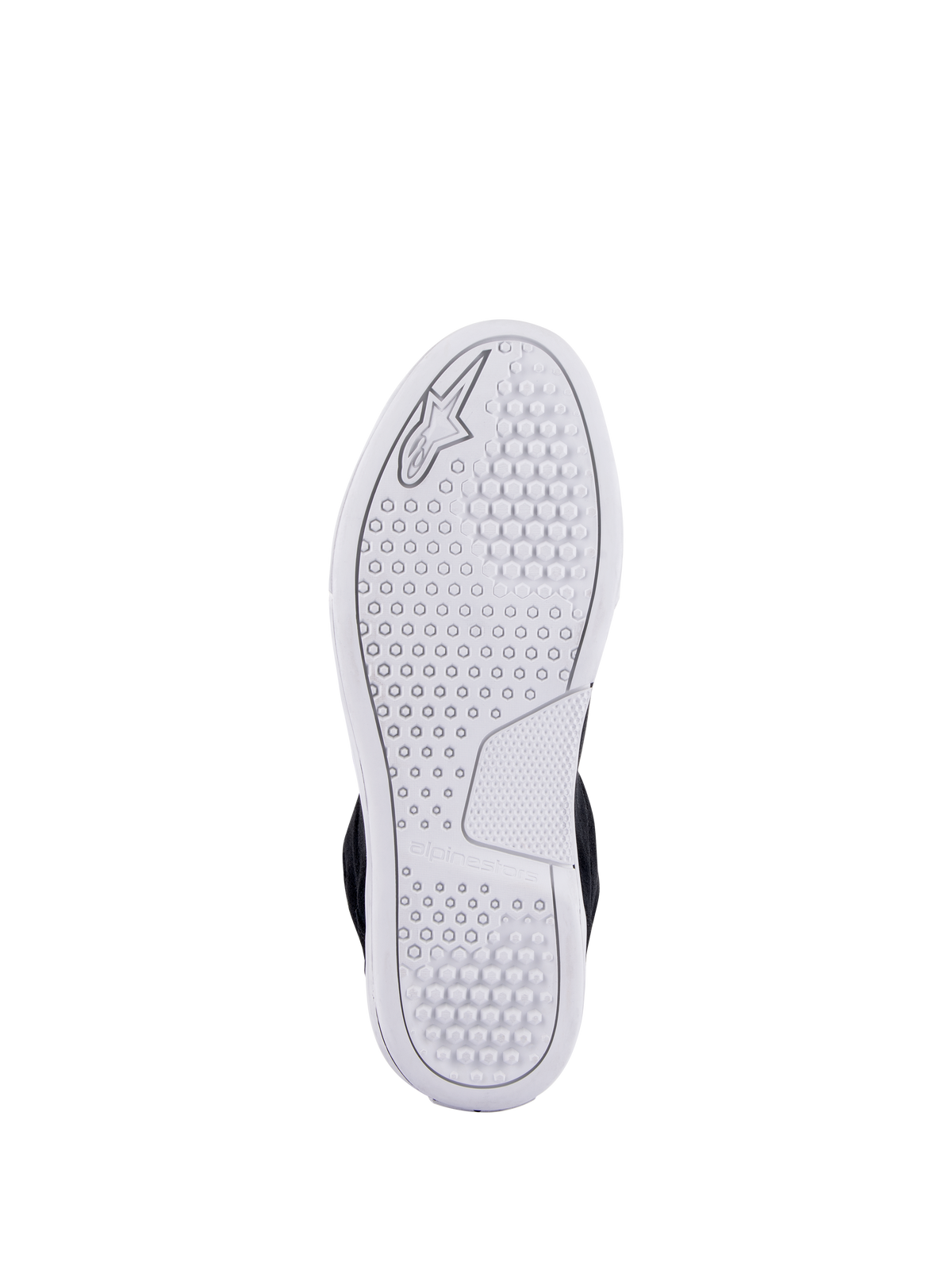 Alpinestars Chrome Shoes, vista della suola urbana avanzata bianca, con motivo di trazione esagonale e logo Alpinestars in rilievo, calzature casual da moto