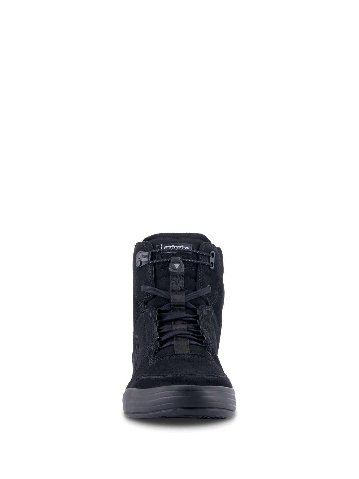 Scarpe da moto Alpinestars Chrome, calzature urbane, nero su nero, vista frontale con silhouette alta, materiale in camoscio spaccato con chiusura superiore elasticizzata e lacci neri, design streetwear casual