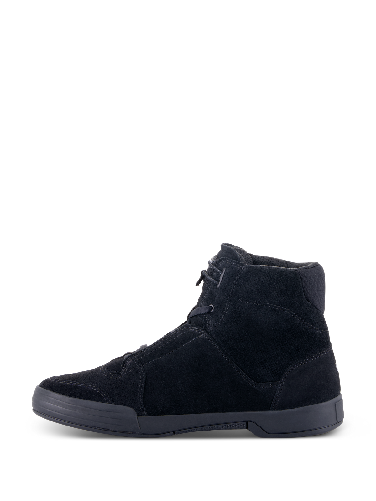 Scarpe Alpinestars Chrome, scarpe da moto urbane, Nero Nero, vista laterale con tomaia in camoscio spaccato e suola a tazza in gomma piatta, silhouette high-top dallo stile streetwear casual