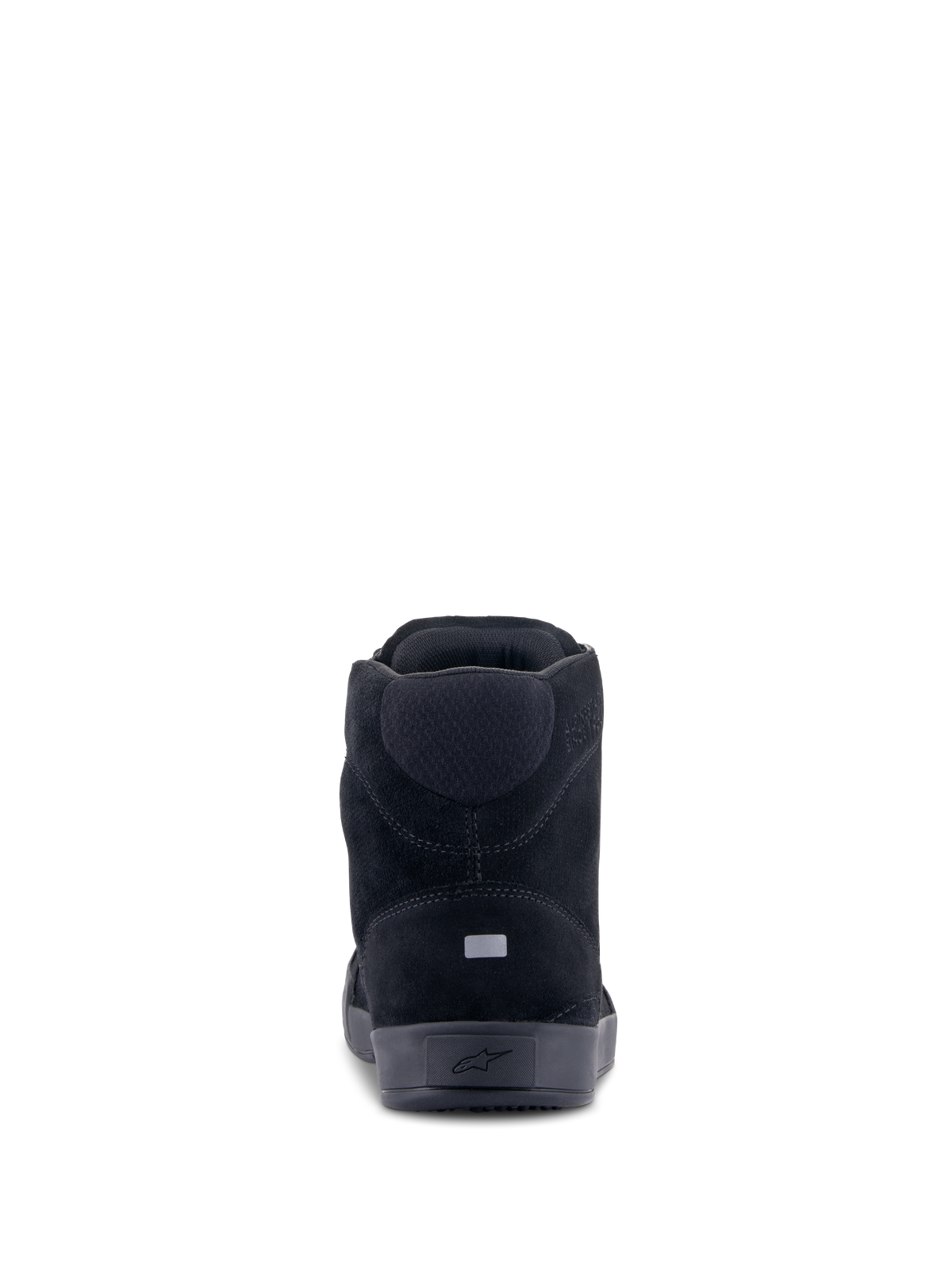 Scarpe Alpinestars Chrome, scarpe da moto, nero nero, vista posteriore con tomaia in camoscio spaccato, inserto riflettente sul tallone per la visibilità e logo a stella impresso sulla suola, design di ispirazione urbana