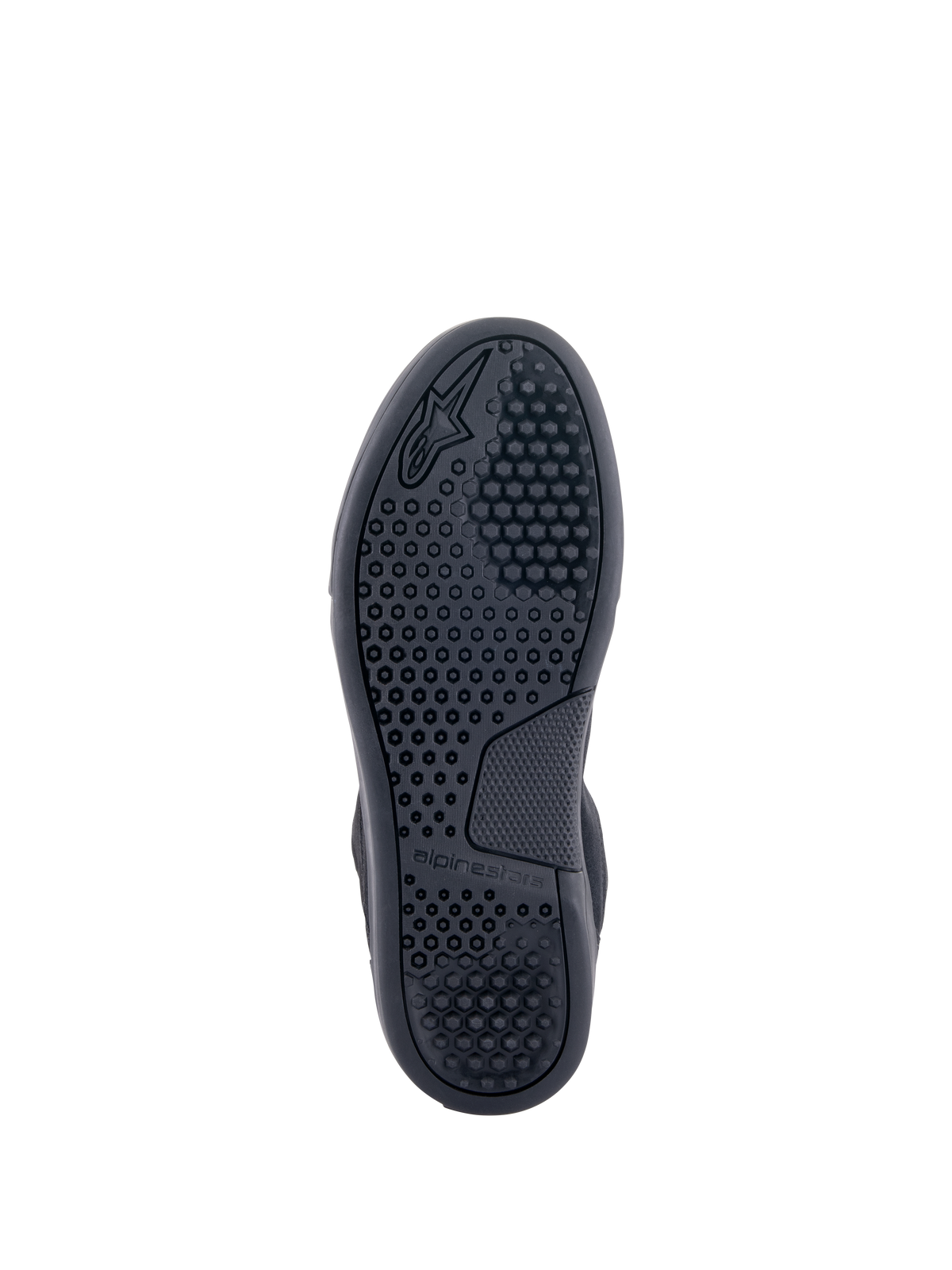 Scarpe Alpinestars Chrome, vista della suola, nero, con suola a tazza in mescola di gomma avanzata con motivo di grip esagonale e logo Alpinestars, scarpe da moto urbane