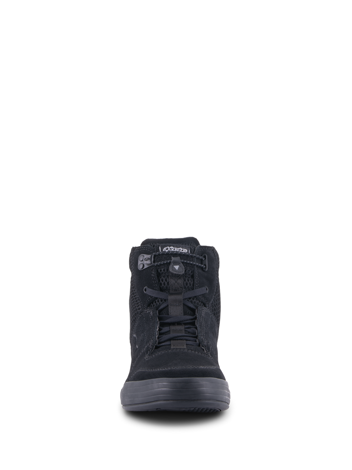 Alpinestars Chrome Air Shoe, scarpa da moto urbana, nero, vista frontale con tomaia in pelle scamosciata e mesh, chiusura con lacci elastici e design casual da sneaker high-top