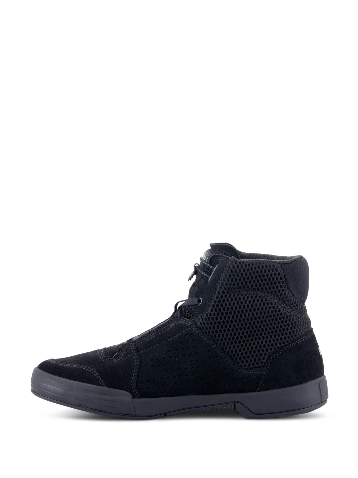 Alpinestars Chrome Air Shoe, scarpa da moto urbana, nero/nero, vista laterale, design sneaker alta con mesh traspirante e struttura in camoscio, suola in gomma piatta