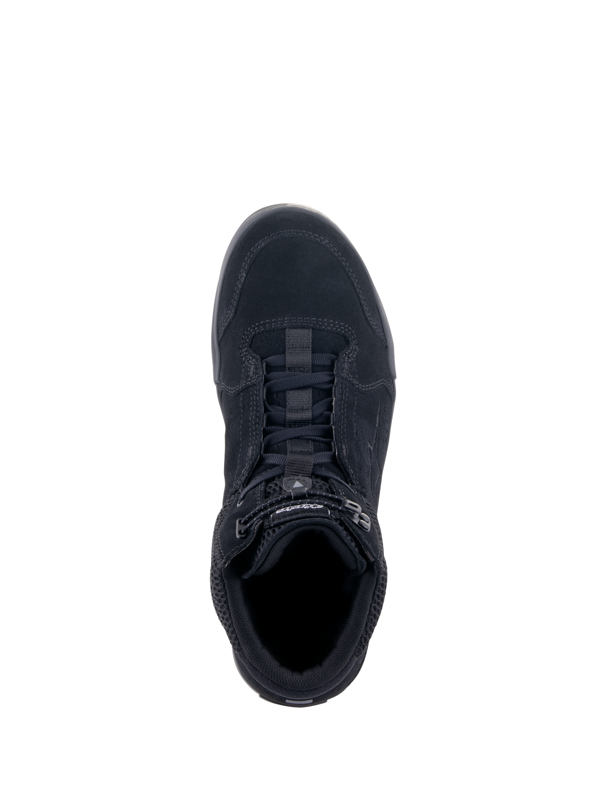 Alpinestars Chrome Air Shoe, scarpa da moto urbana, nero, vista dall'alto che mostra la tomaia in camoscio e mesh, sistema di allacciatura con chiusura elasticizzata, design da sneaker casual per il commuting urbano