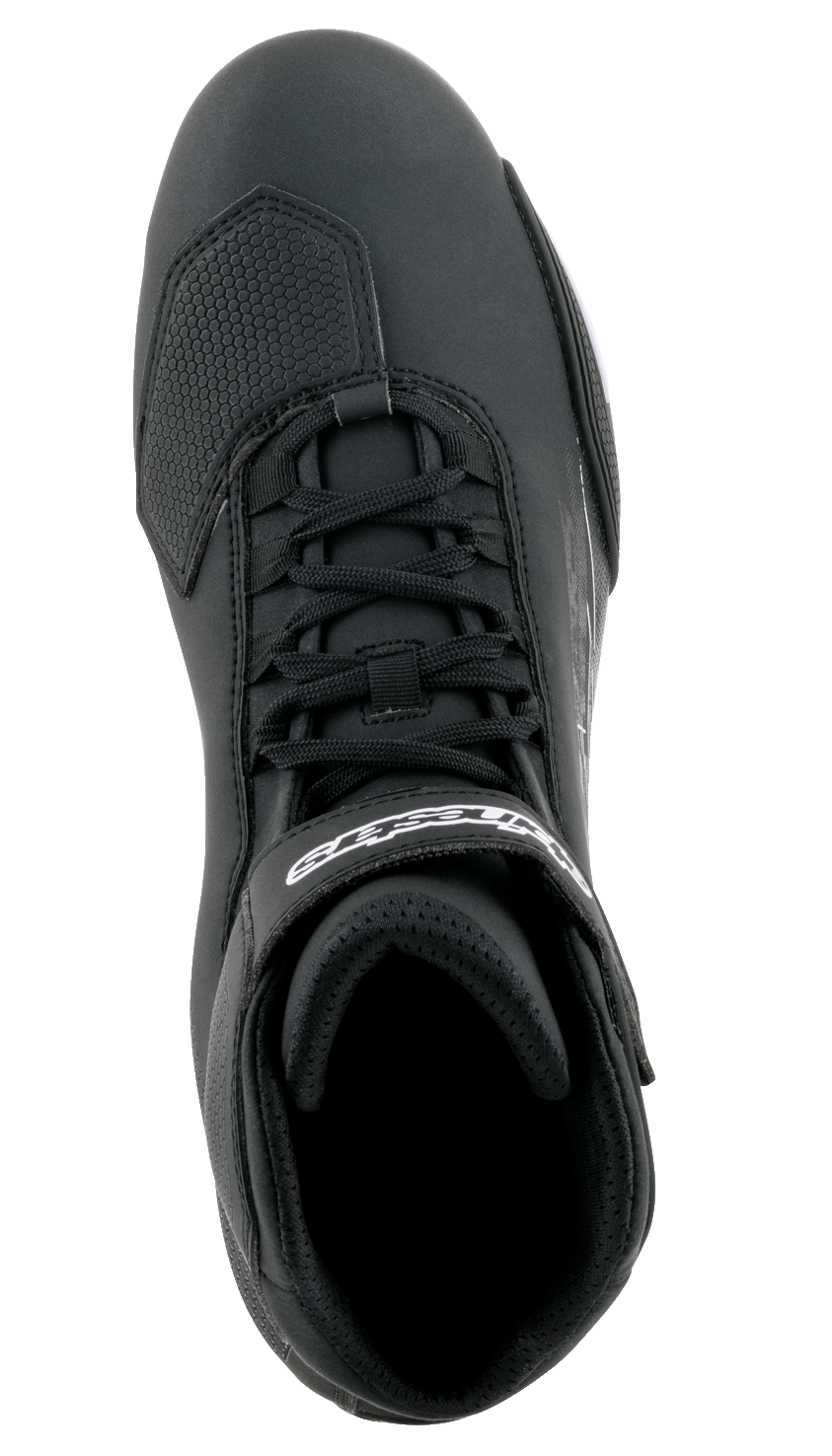 Scarpe Alpinestars Sektor, scarpe da moto, nero con loghi bianchi, vista dall'alto con sistema di allacciatura rapida, cinturino a strappo alla caviglia e rinforzo in TPR sulla punta
