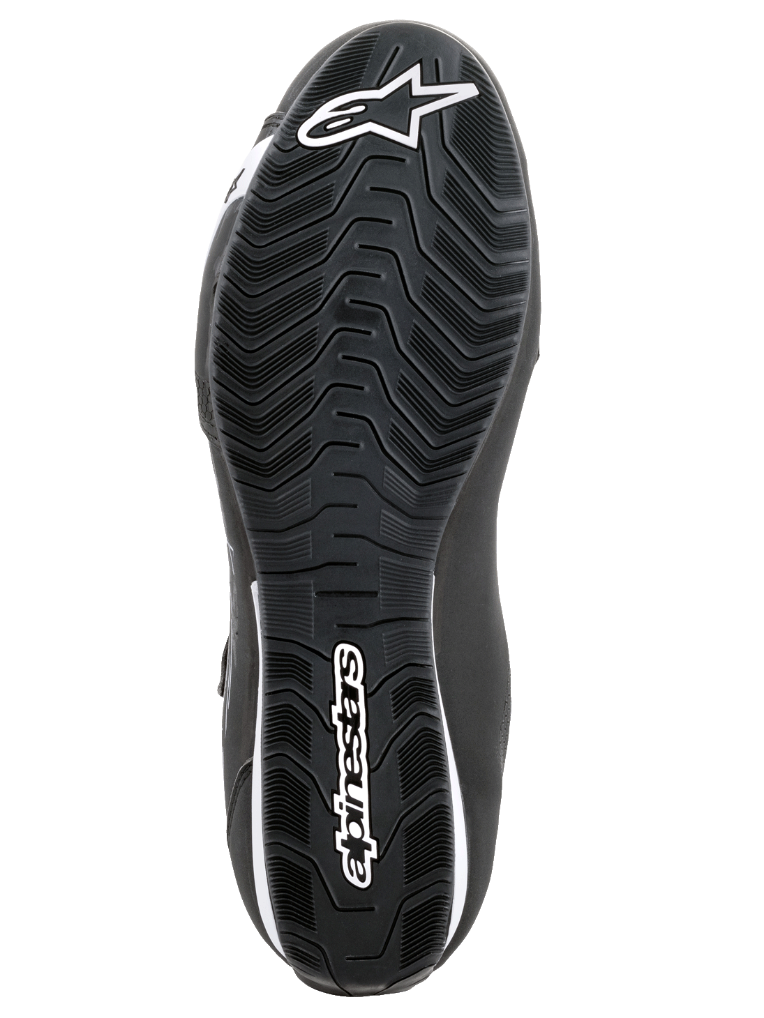 Alpinestars Sektor Shoes, scarpe da moto, nero e bianco, vista inferiore della suola in gomma testurizzata con motivo ondulato del battistrada, con logo Alpinestars e simbolo della stella in bianco.