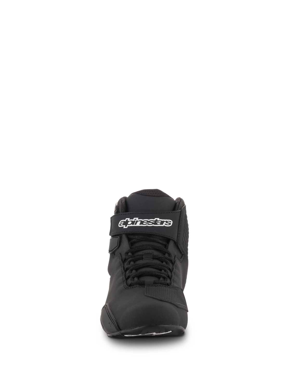 Scarpe Alpinestars Sektor, nero, vista frontale, con sistema di allacciatura rapida e cinturino alla caviglia con logo Alpinestars, calzature da moto in microfibra leggera