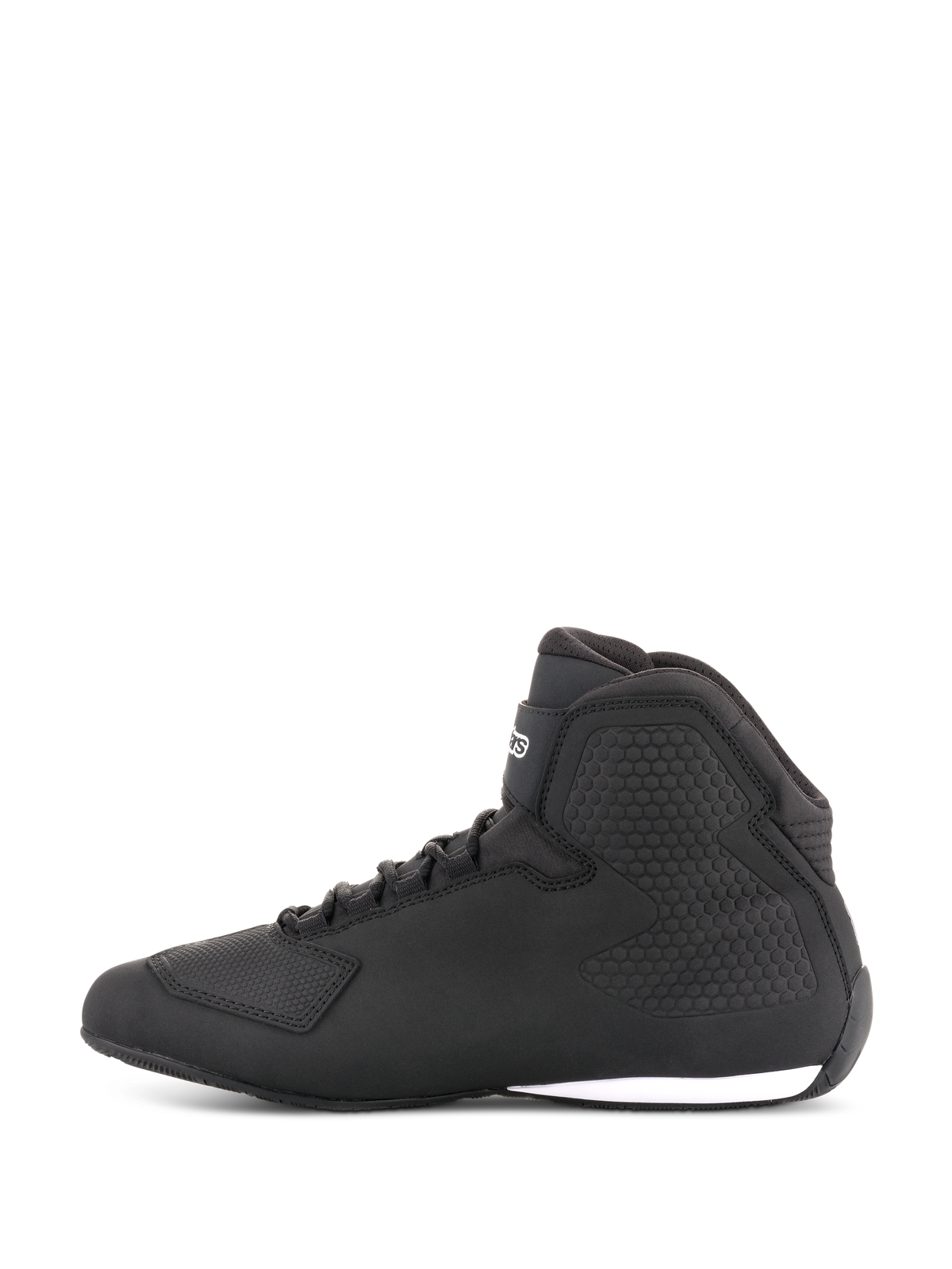 Scarpe Alpinestars Sektor, scarpe da moto, nero, vista laterale, design a stivaletto con lacci, tomaia in microfibra, protezione caviglia testurizzata, look elegante di ispirazione racing con dettaglio bianco sulla suola