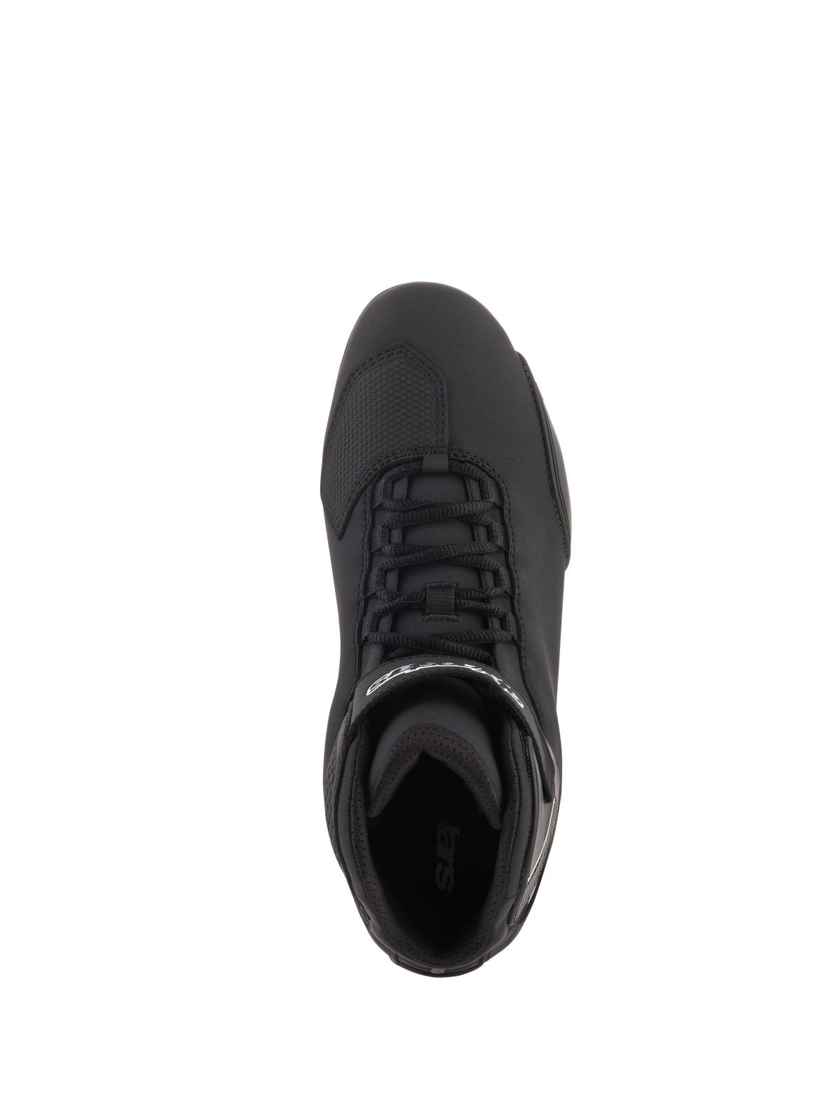 Scarpe Alpinestars Sektor, scarpe da moto, nero, vista dall'alto con sistema di allacciatura rapida, cinturino alla caviglia con logo bianco e zona della punta rinforzata, elegante struttura in microfibra
