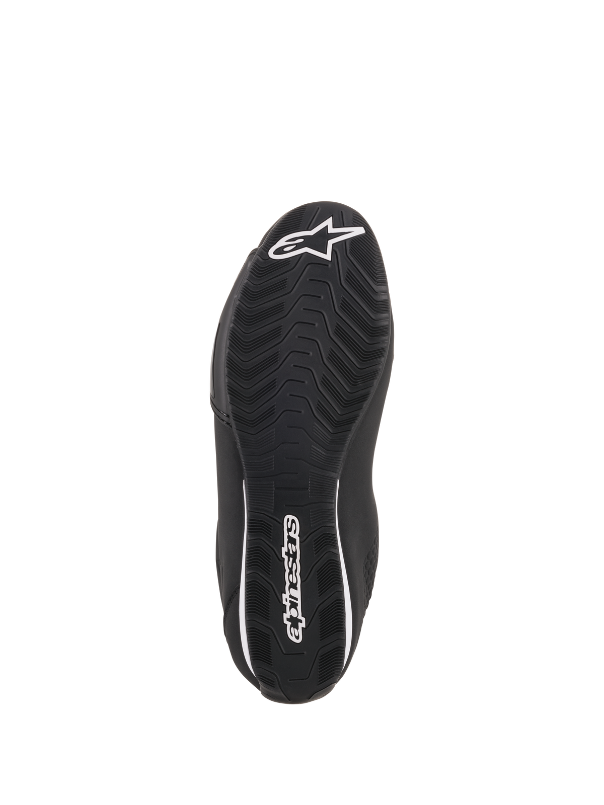 Scarpe Alpinestars Sektor, scarpe da moto nere, vista inferiore che mostra la suola in gomma testurizzata, logo a stella Alpinestars bianco sulla punta e branding sul tallone, progettate per aderenza e durata