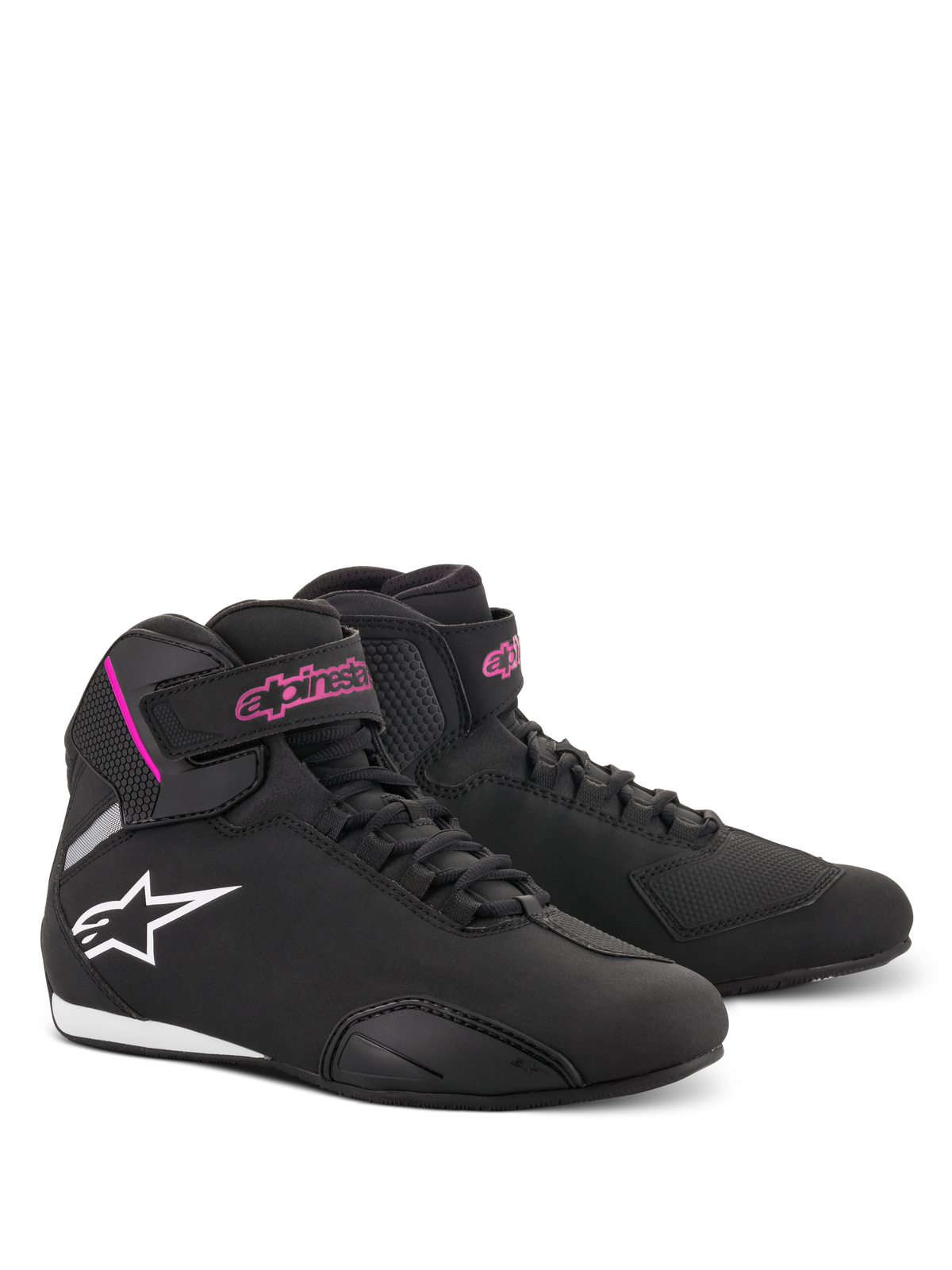 Alpinestars Scarpe Stella Sektor Donna, scarpe da moto, nero e fucsia, struttura in microfibra leggera, design a profilo alto con lacci rapidi e cinturino in velcro, marchio rosa e logo stella bianco, calzature protettive sportive